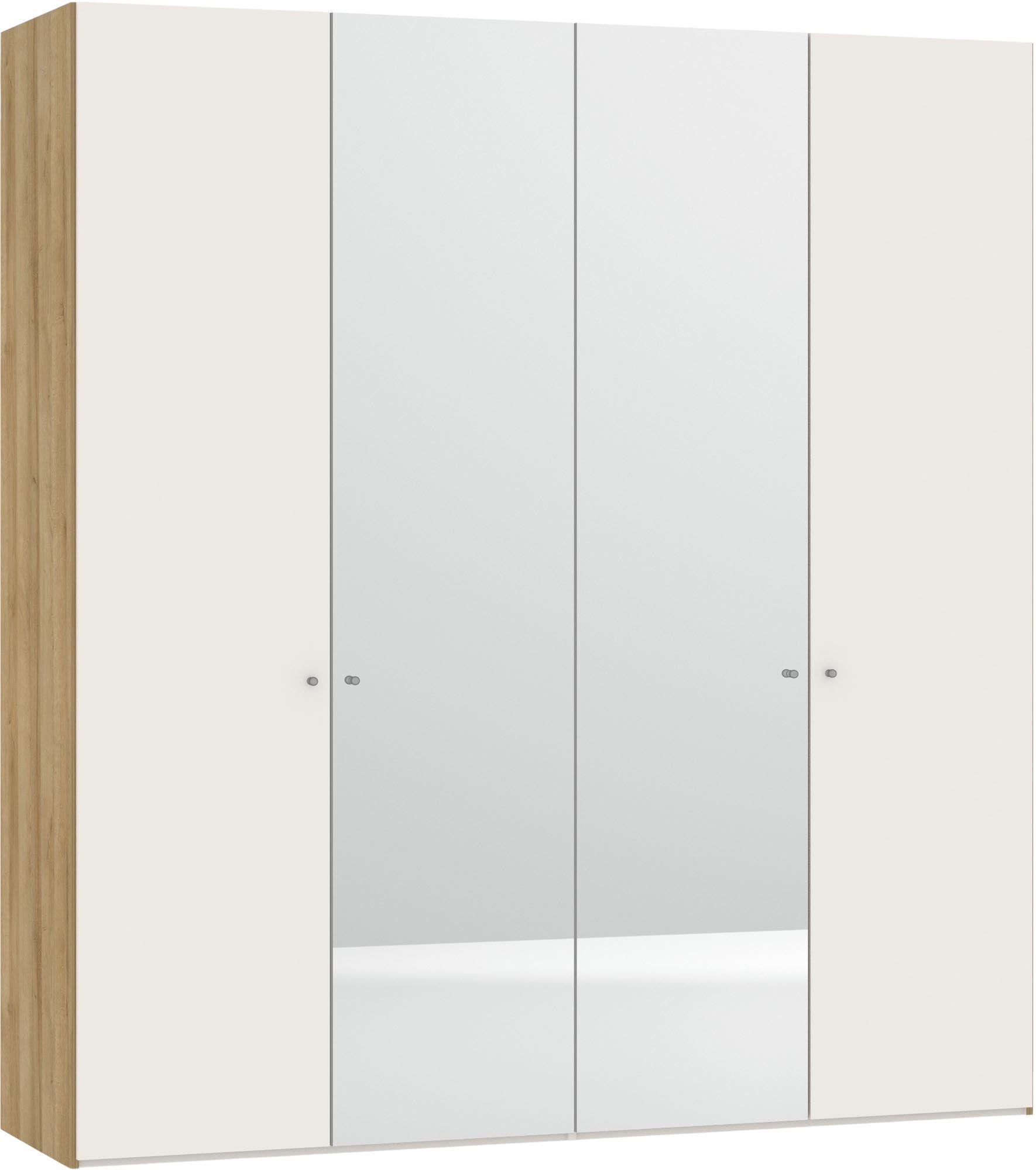 Eleganter 4-türiger Drehtürenschrank in Cremeweiss mit Spiegel, ideal für stilvolle und funktionale Raumgestaltung.