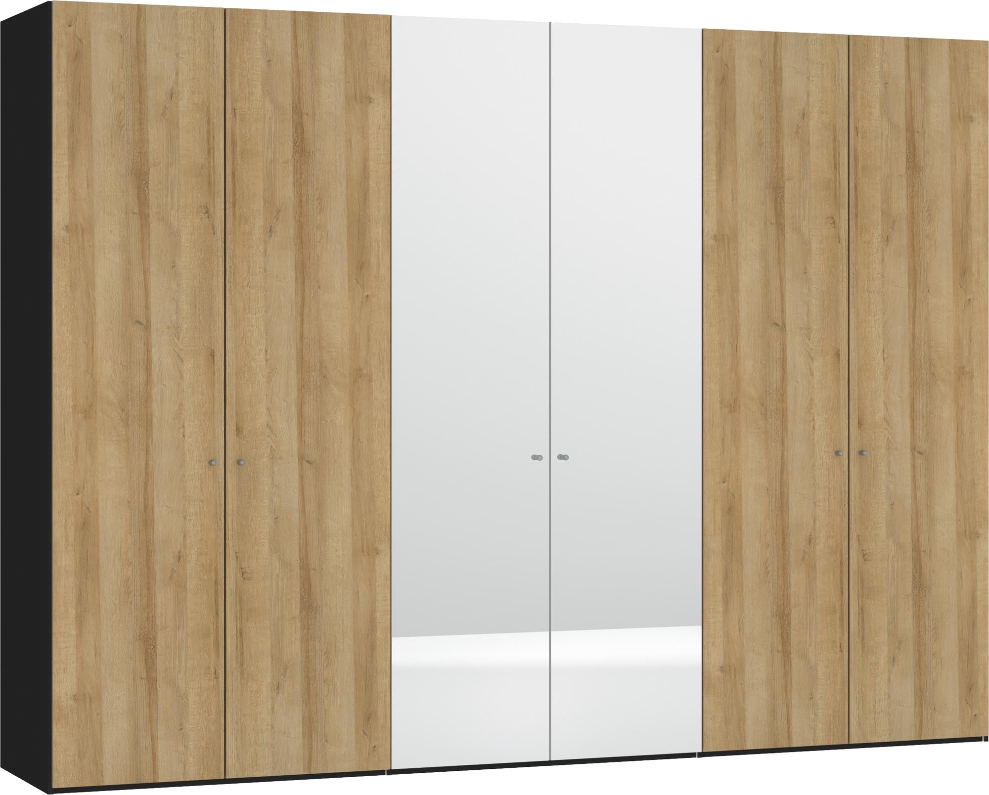 Eleganter 6-türiger Drehtürenschrank in Eiche mit Spiegel, individuell konfigurierbar, stabil und einfach aufzubauen.