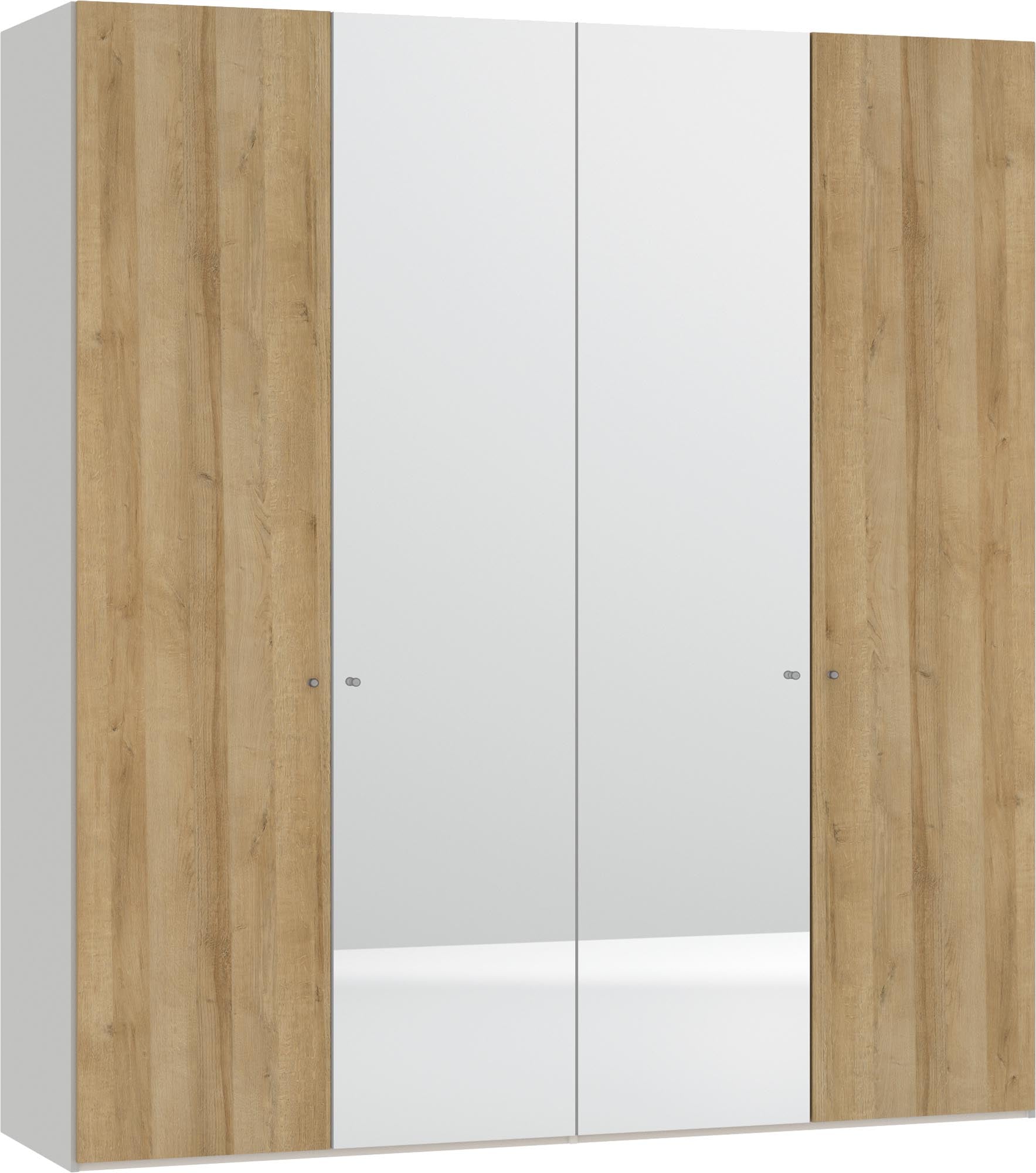 Eleganter 4-türiger Drehtürenschrank aus Eiche mit Spiegel und praktischem Zubehör von Jutzler. Perfekt für funktionalen und stilvollen Wohnraum.