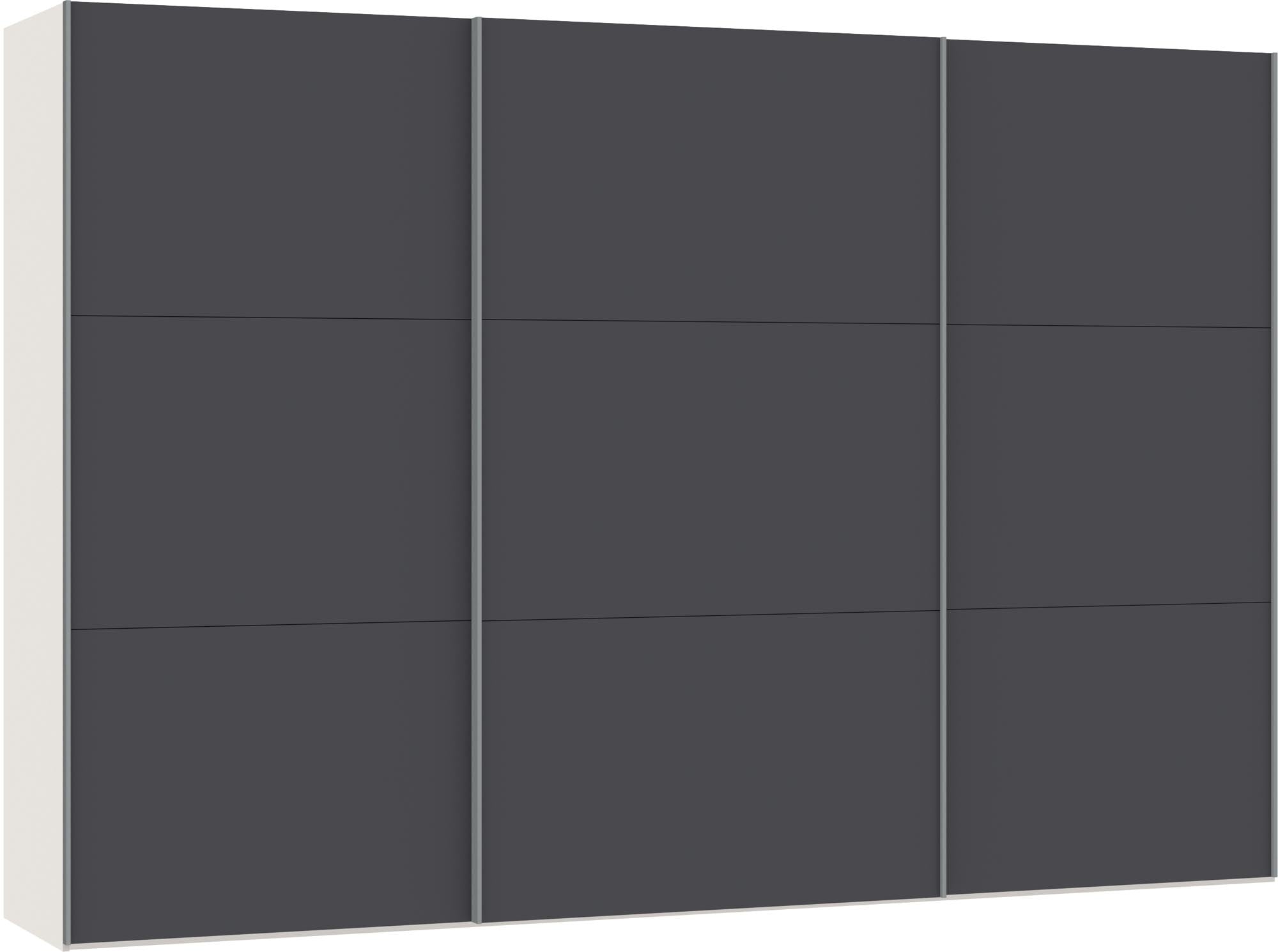 Grosser Jutzler Schwebetürenschrank in Anthrazit mit praktischem Zubehör.