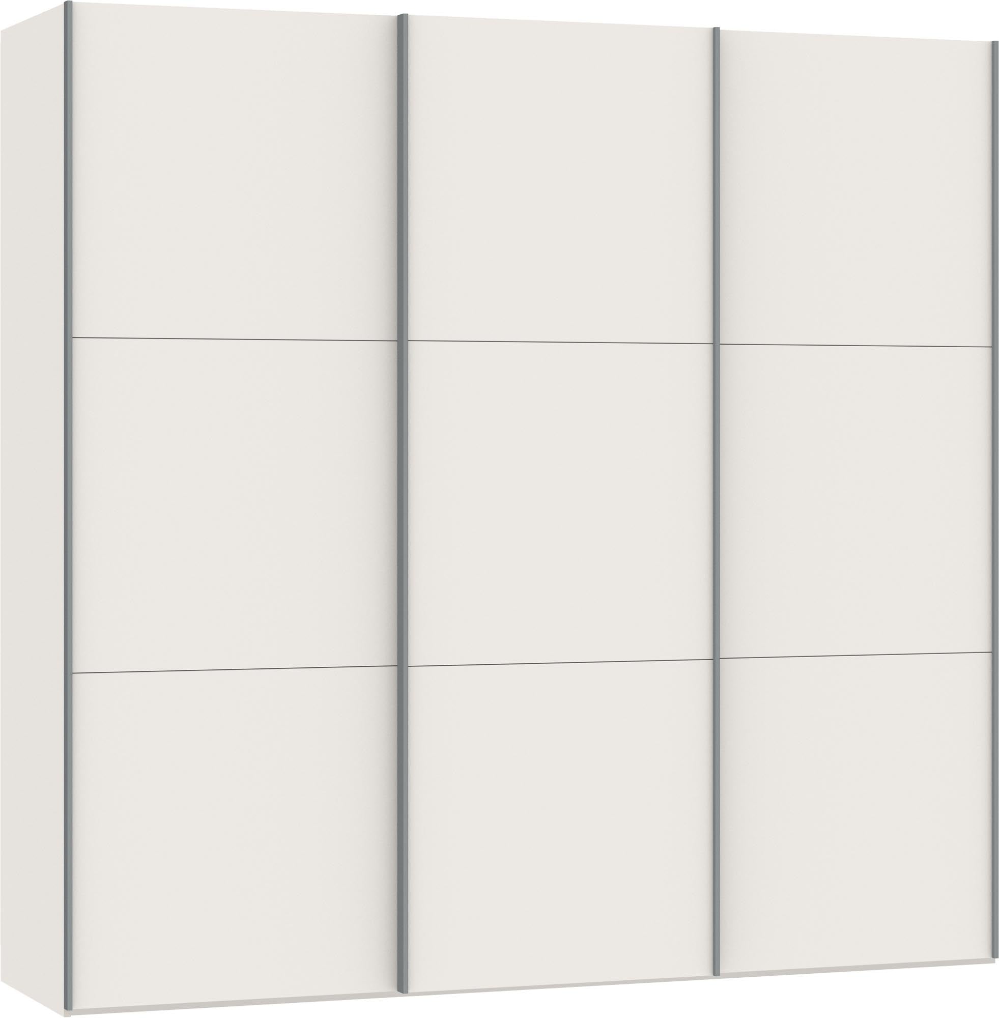 Moderner Schwebetürenschrank S in Cremeweiss mit vielseitigem Zubehör.