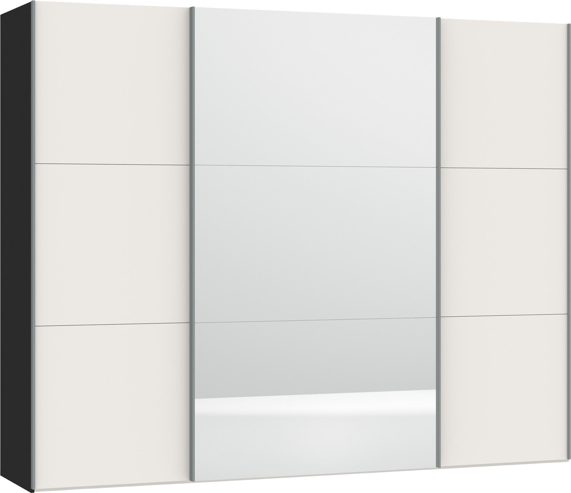 Jutzler Schwebetürenschrank: Cremeweiss, Spiegel, Zubehör inklusive.