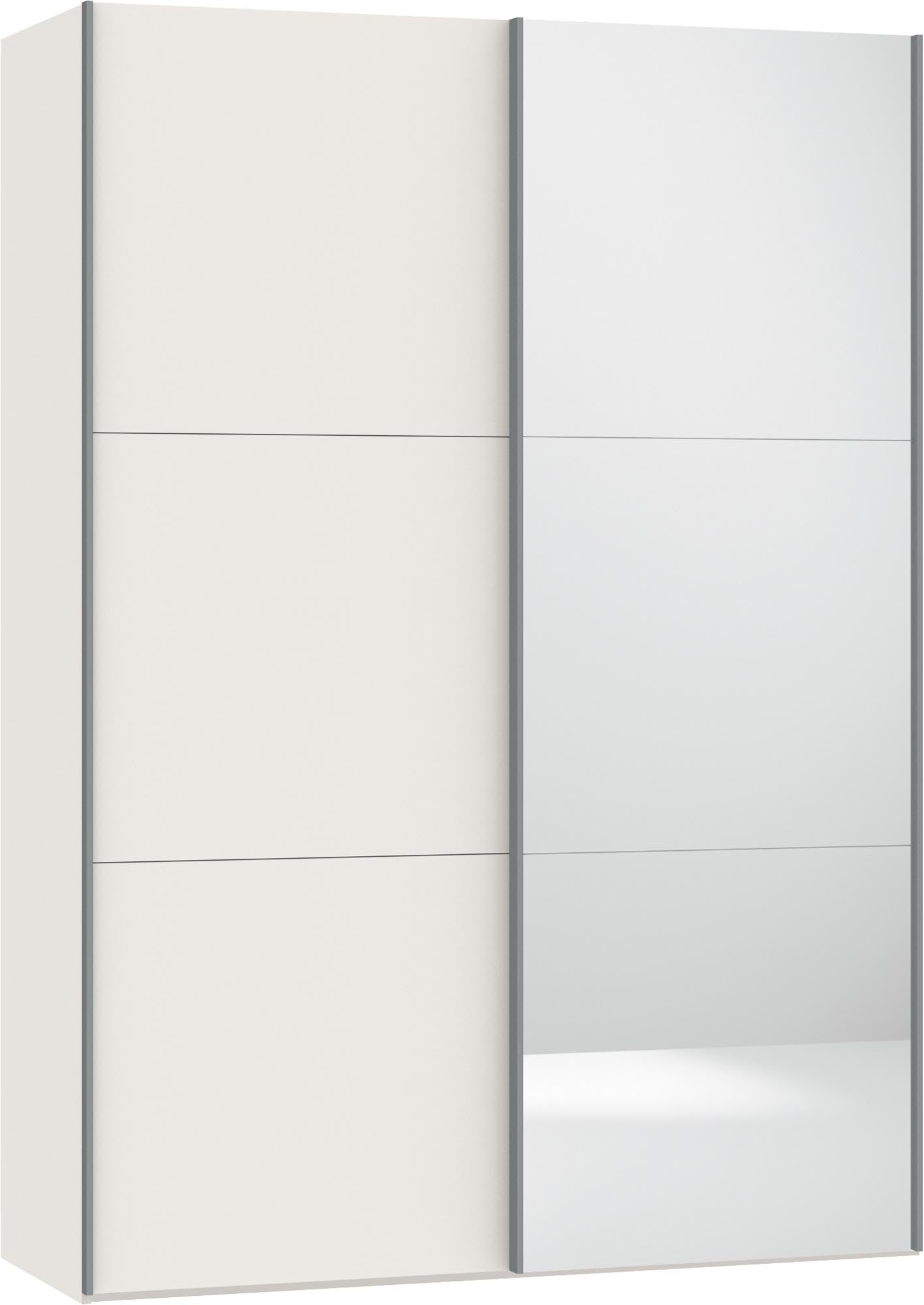 Moderner Schwebetürenschrank in Cremeweiss mit Spiegel, platzsparend und stilvoll, ideal für jedes Schlafzimmer.