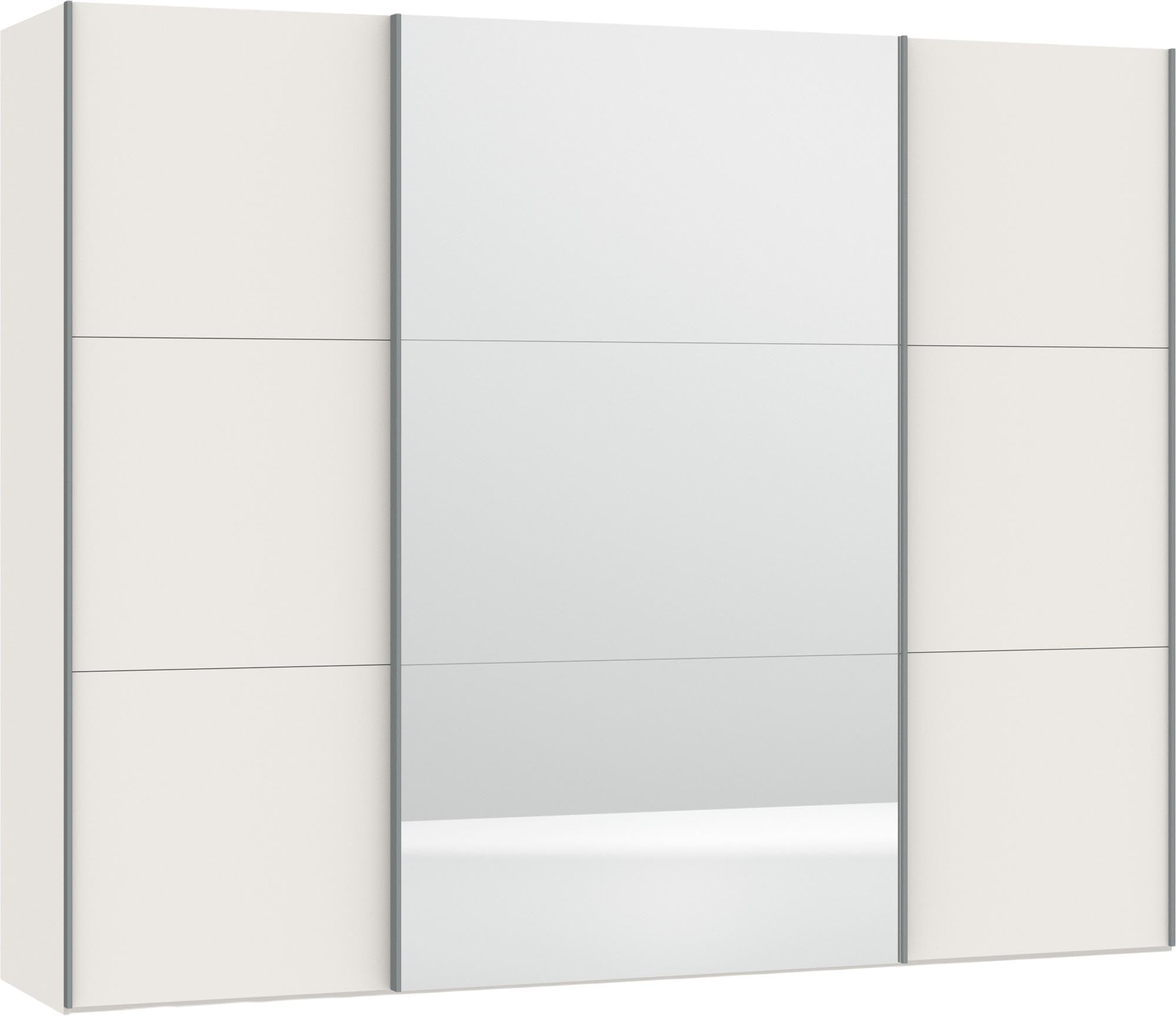 Moderner Schwebetürenschrank in Cremeweiss mit Spiegel, vielseitig anpassbar, robust und praktisch, inklusive nützlichem Zubehör.