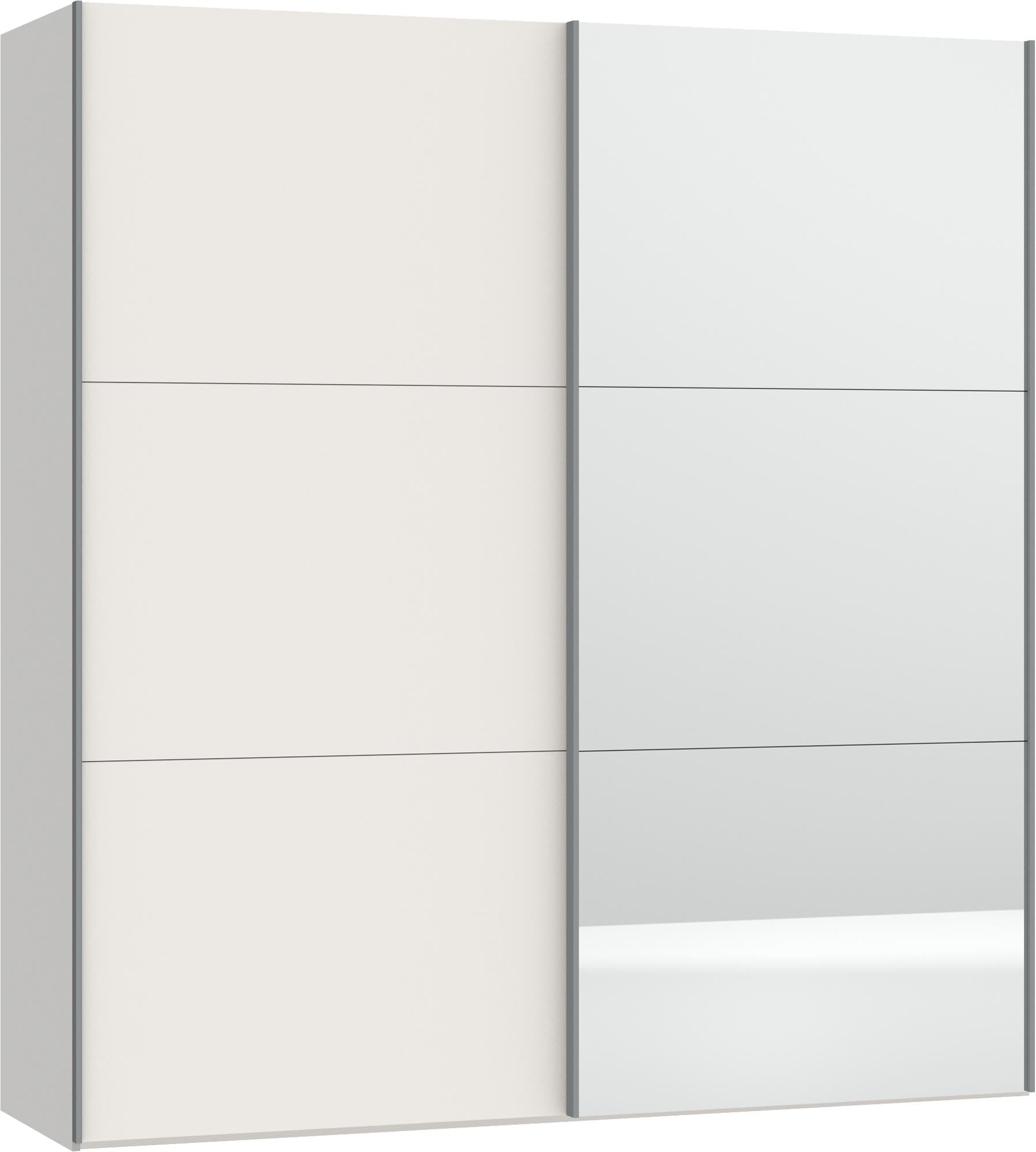 Jutzler Schwebetürenschrank XS: Cremeweiss, Spiegel, inkl. Zubehör.