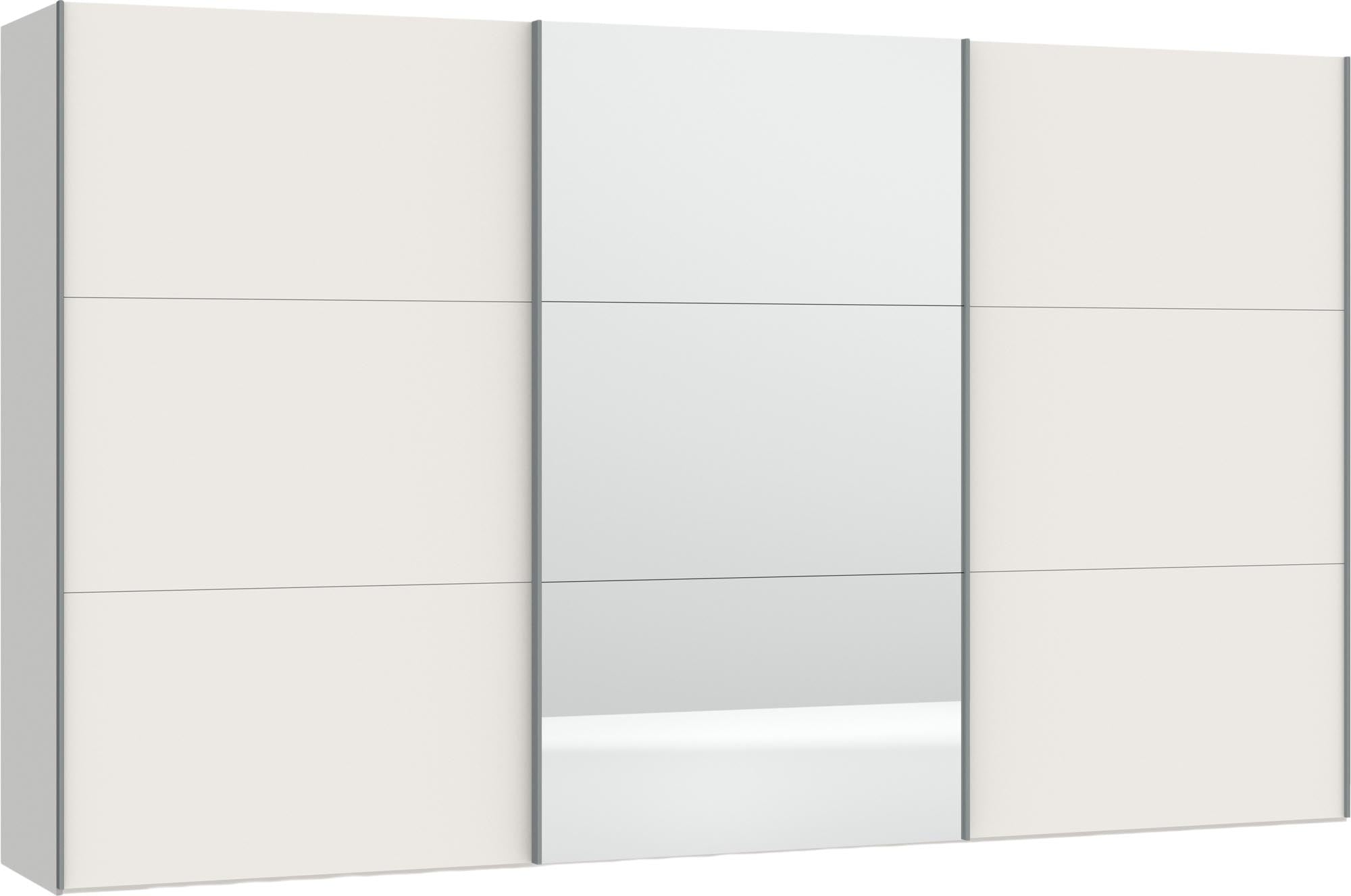 Jutzler Schwebetürenschrank: Cremeweiss, Spiegel, inkl. Zubehör.