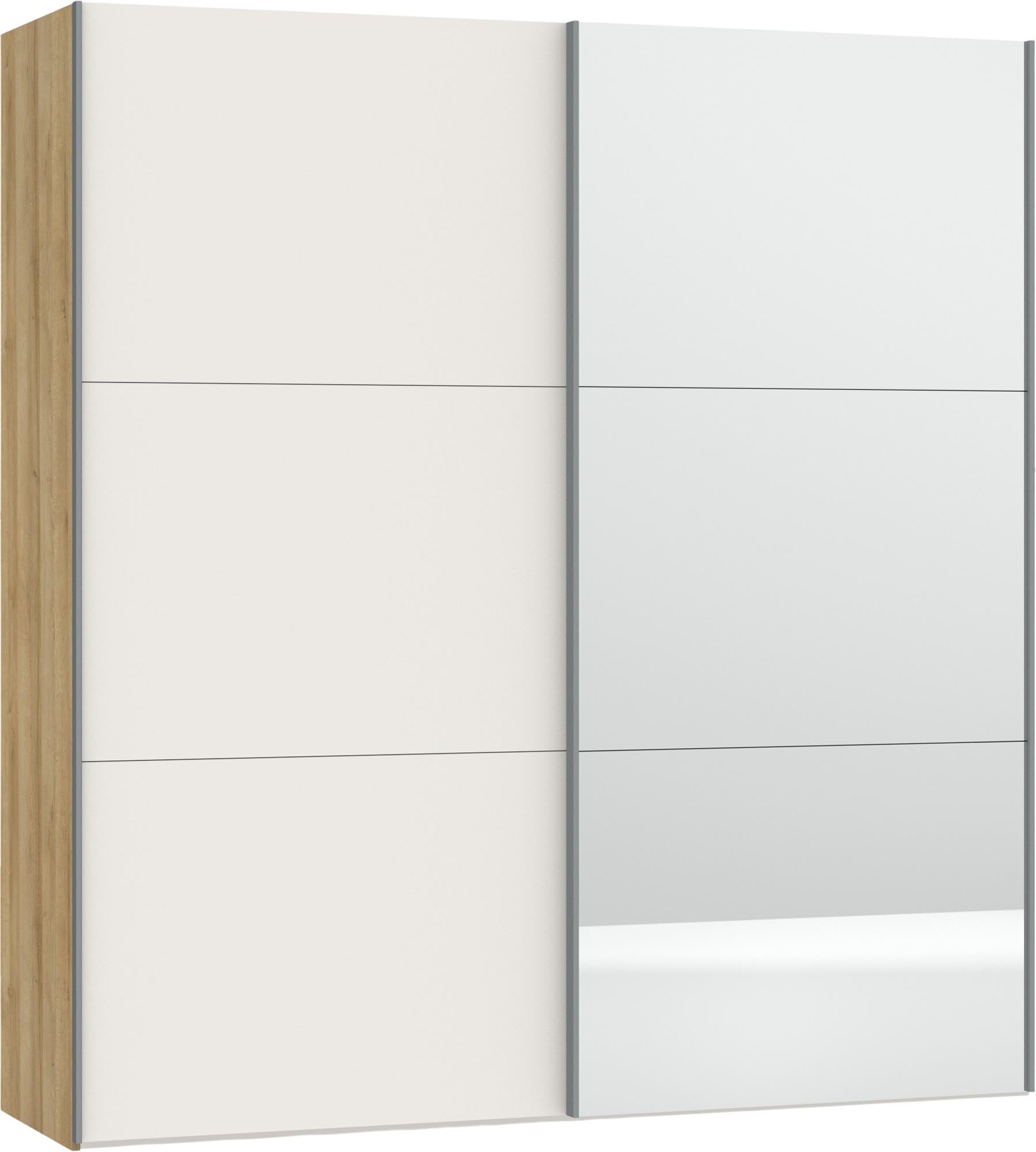 Eleganter Schwebetürenschrank XS in Cremeweiss mit Spiegel. Hochwertige Verarbeitung und individuelle Innenraumgestaltung für jeden Bedarf.