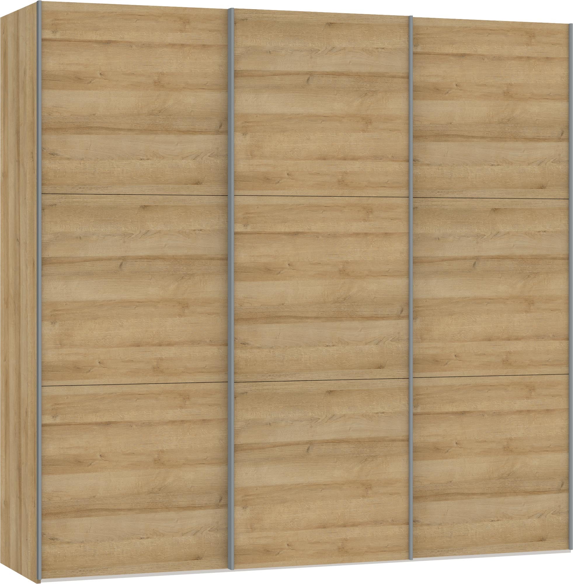 Eleganter Schwebetürenschrank S in Eiche von Jutzler, ausgestattet mit praktischem Zubehör für optimalen Stauraum und modernes Design.