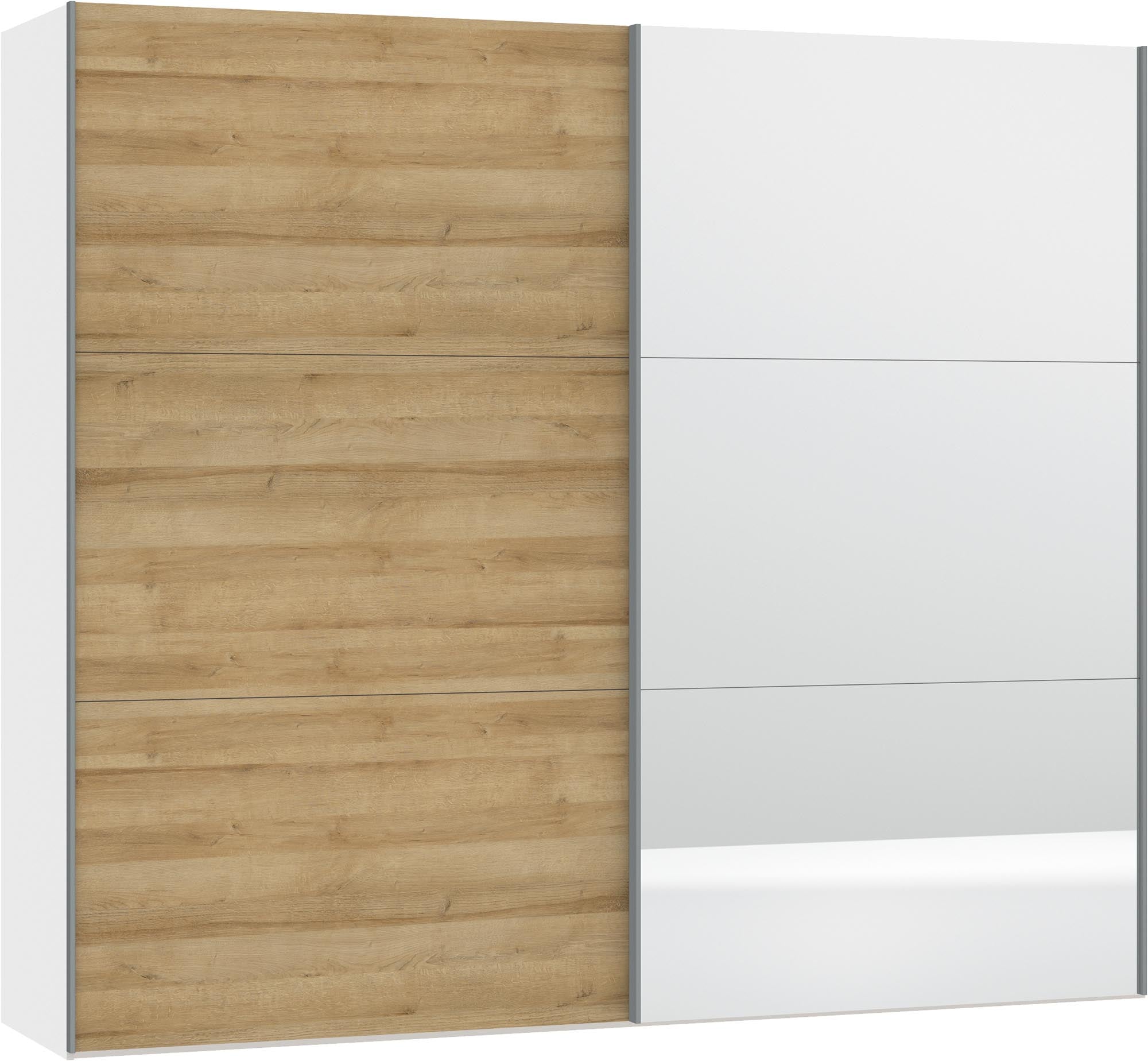 Eleganter Schwebetürenschrank in Eiche mit Spiegel, ideal für individuelle Raumgestaltung und optimalen Stauraum. Hochwertige Verarbeitung und Zubehör inklusive.