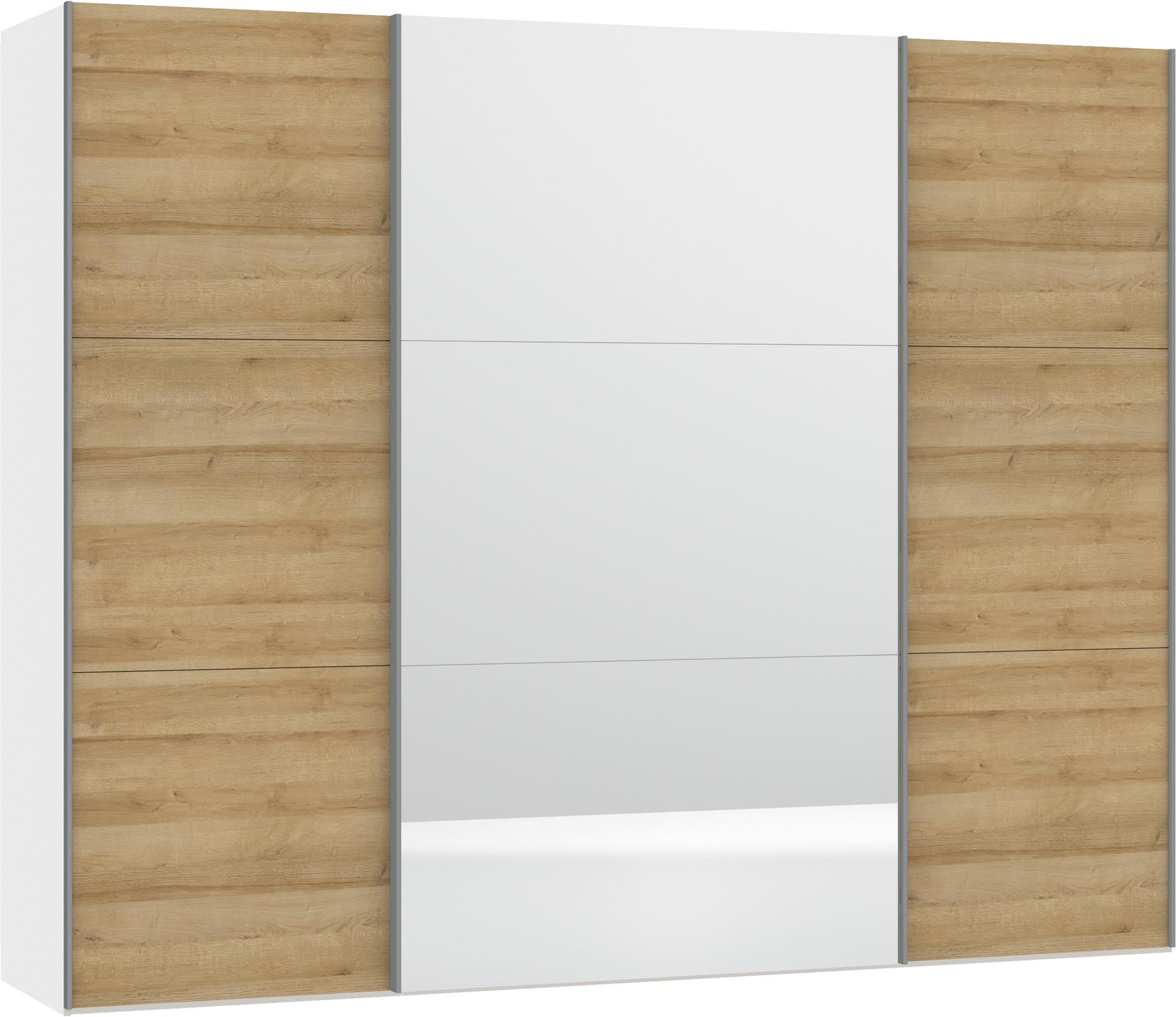 Eleganter Schwebetürenschrank L in Eiche mit Spiegel, bietet vielseitige Konfigurationsmöglichkeiten und hochwertiges Zubehör für individuellen Stauraum.