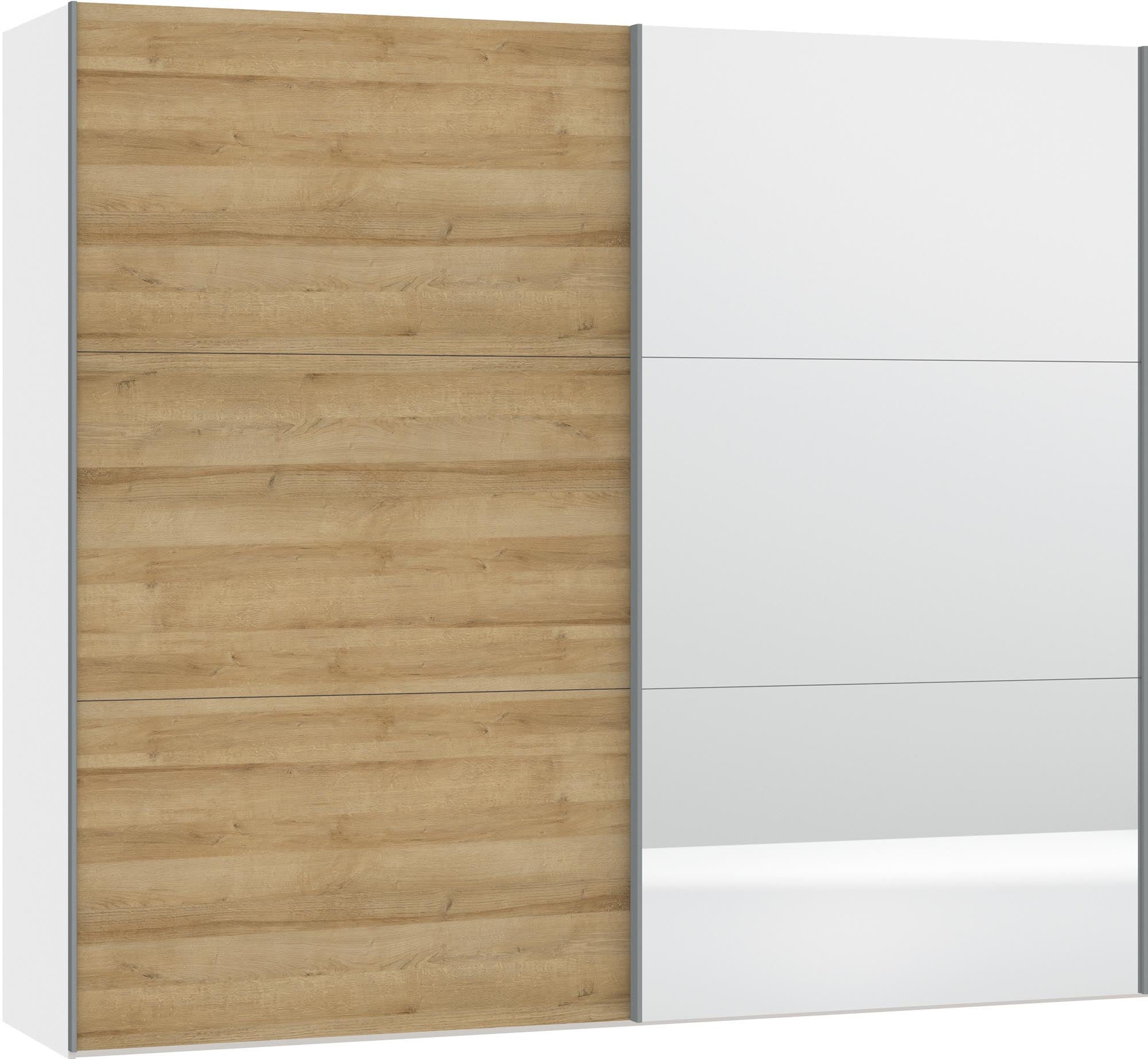 Moderner Schwebetürenschrank von Jutzler in Eiche mit Spiegel und praktischem Zubehör für stilvolle Aufbewahrung.
