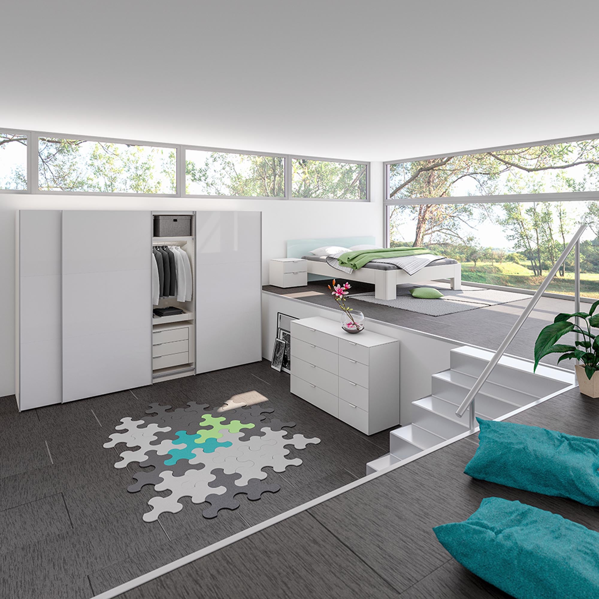 Jutzler XXL Schwebetürenschrank in Premiumweiss mit Zubehör-Set.