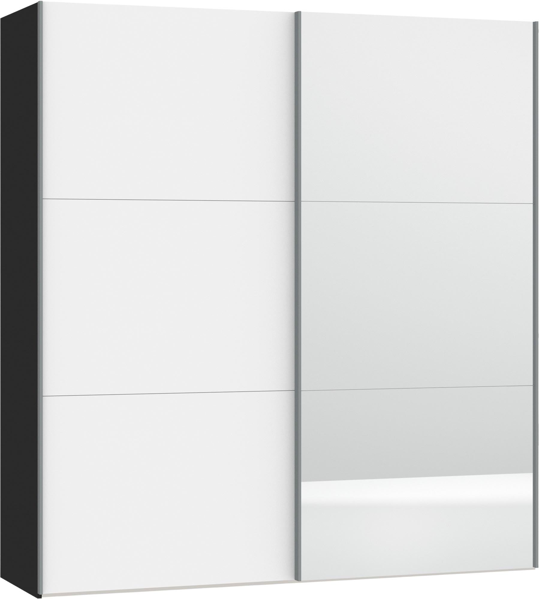 Eleganter Schwebetürenschrank in Premiumweiss mit Spiegel, individuell konfigurierbar, stabil und einfach aufzubauen, inkl. Zubehör.