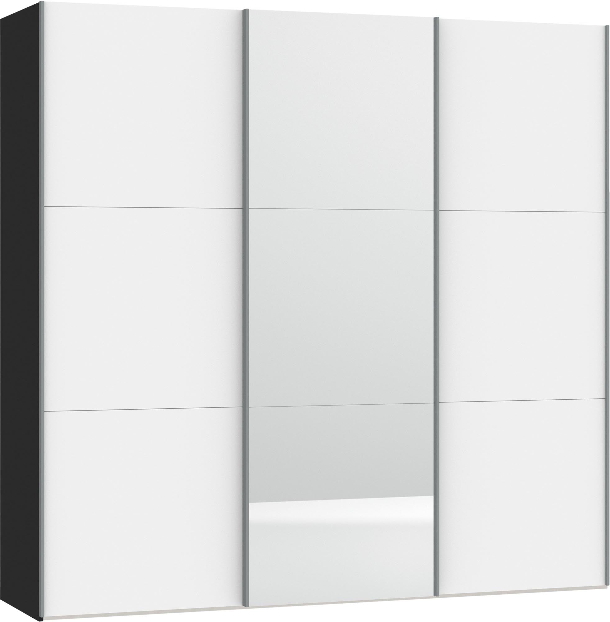 Eleganter Schwebetürenschrank in Premiumweiss mit Spiegel, individuell konfigurierbar, stabil und einfach aufzubauen.