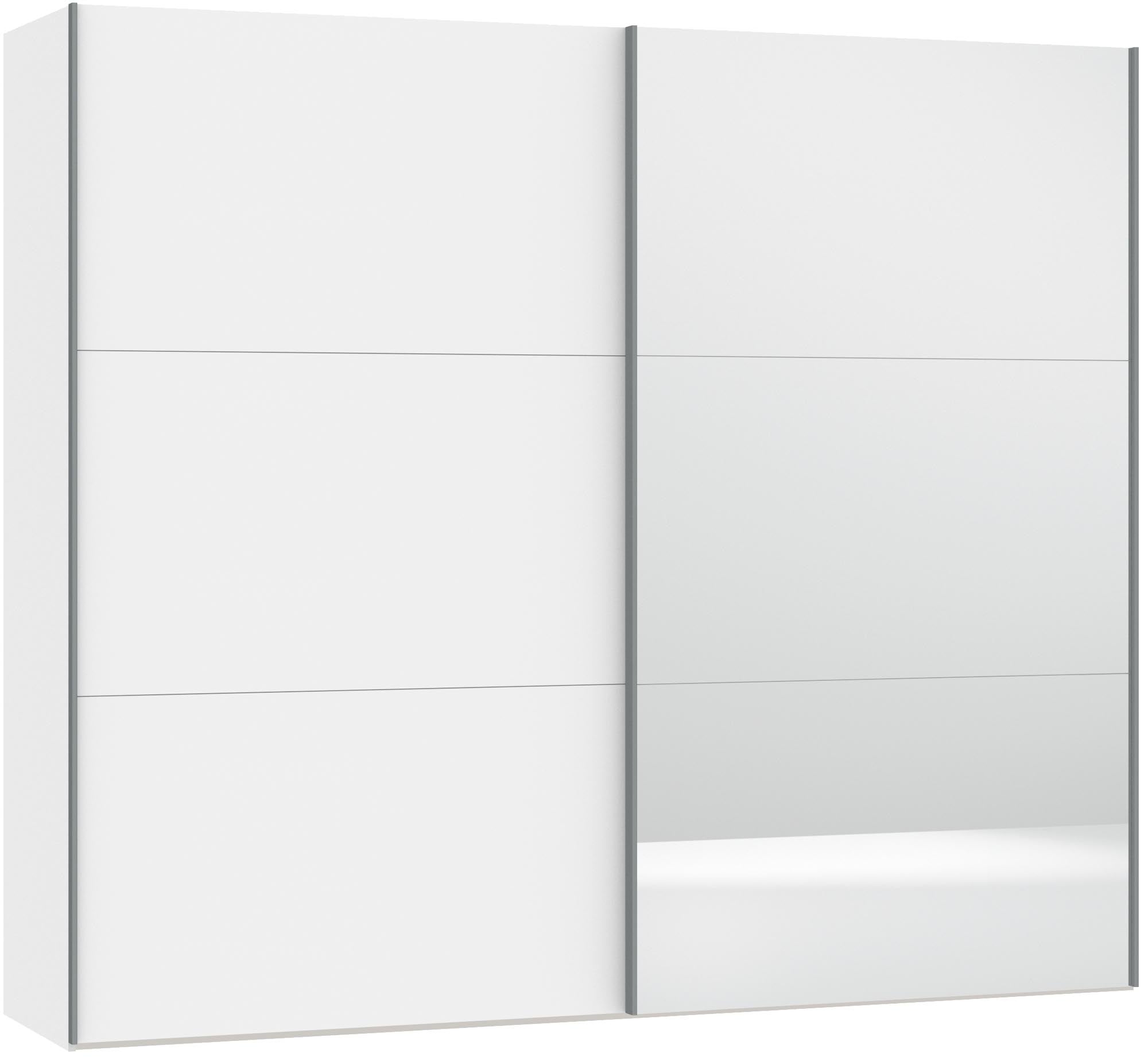 Stilvoller Schwebetürenschrank in Weiss mit Spiegel und Zubehör.