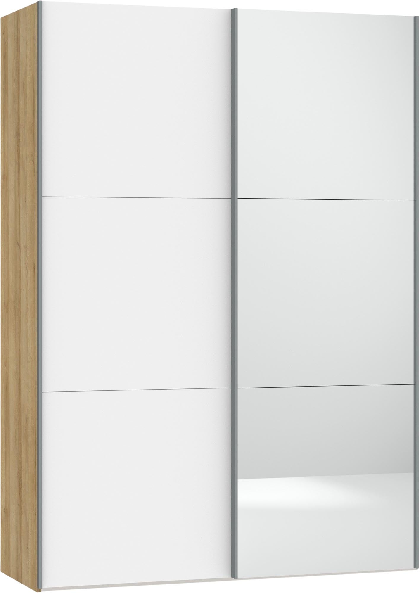 Moderner Schwebetürenschrank von Jutzler in Premiumweiss mit stilvollem Spiegel. Perfekte Lösung für elegantes Wohnen.