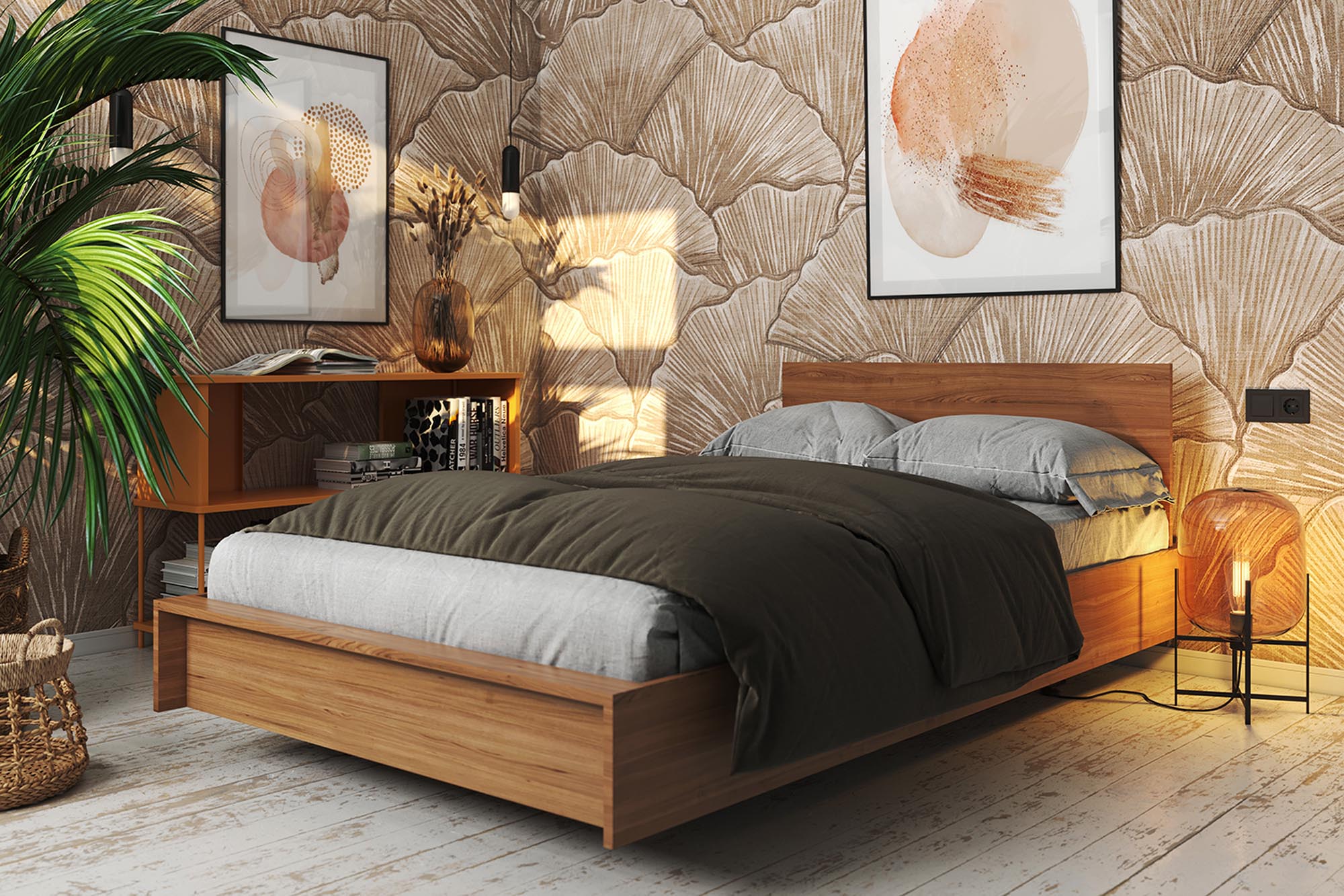 Elegantes FLAI Doppelbett mit Komforthöhe und modernem Kopfteil.