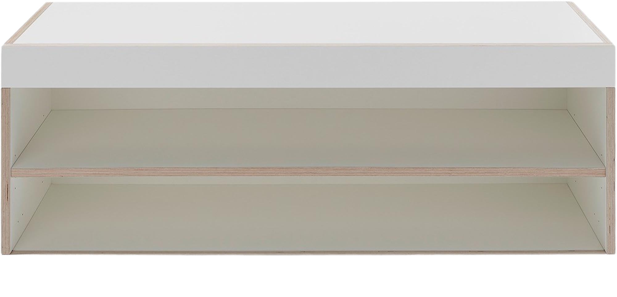 FLAI Schuhbank: Vielseitig, geradlinig, mit Stauraum und gepolsterter Sitzfläche. Helles Birkenschichtholz, CPL-Beschichtung.