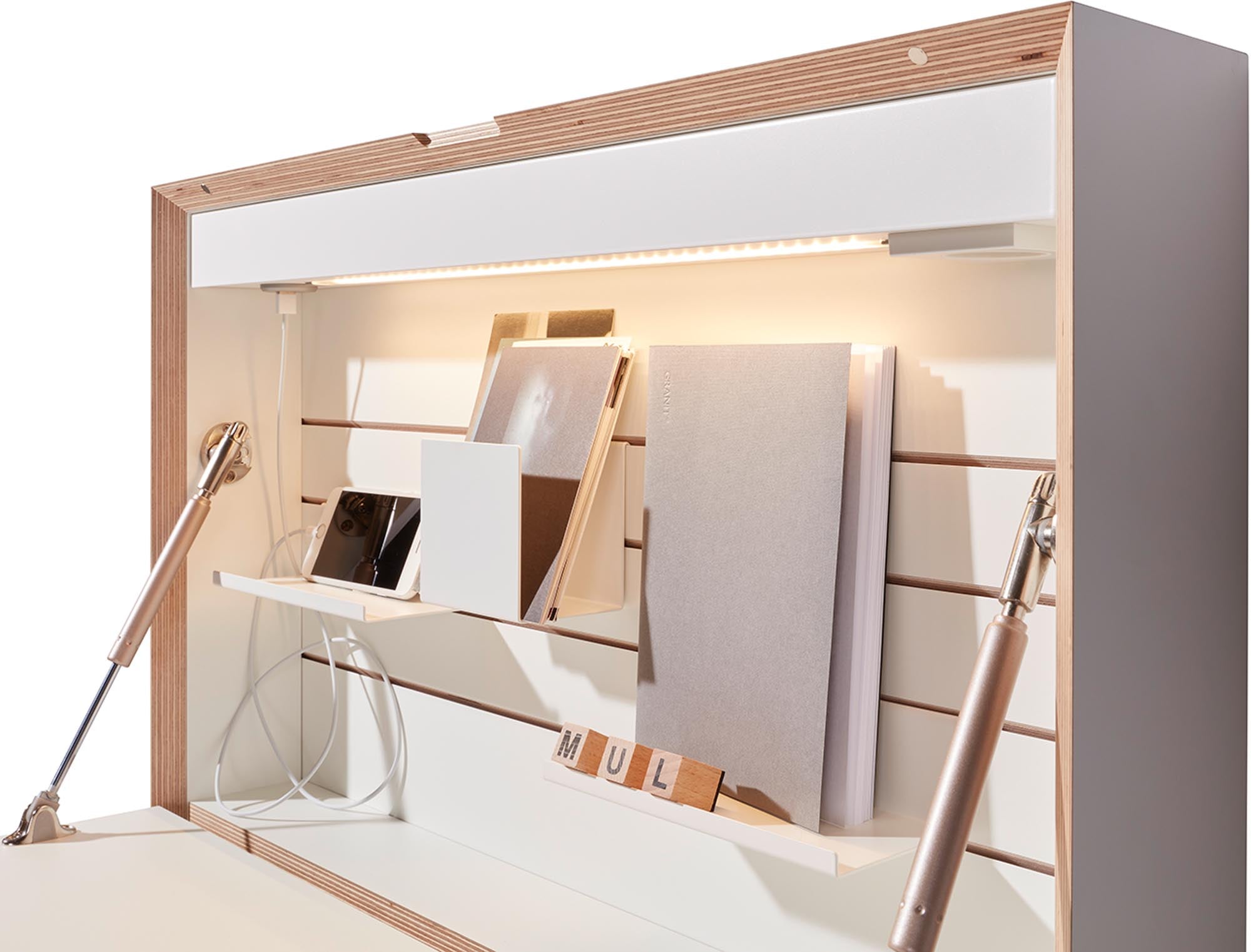 Kompakter Sekretär mit LED-Beleuchtung, Steckdose, ideal für kleine Räume. Perfekt als Home-Office oder temporärer Arbeitsplatz.