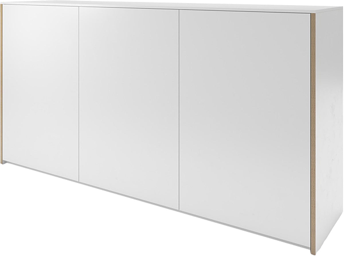 Weisses Sideboard 180 mit Holzkante, zwei rechten Türen und Melamin-Oberfläche, Design von Rolf Heide für Müller Möbelwerkstätten.