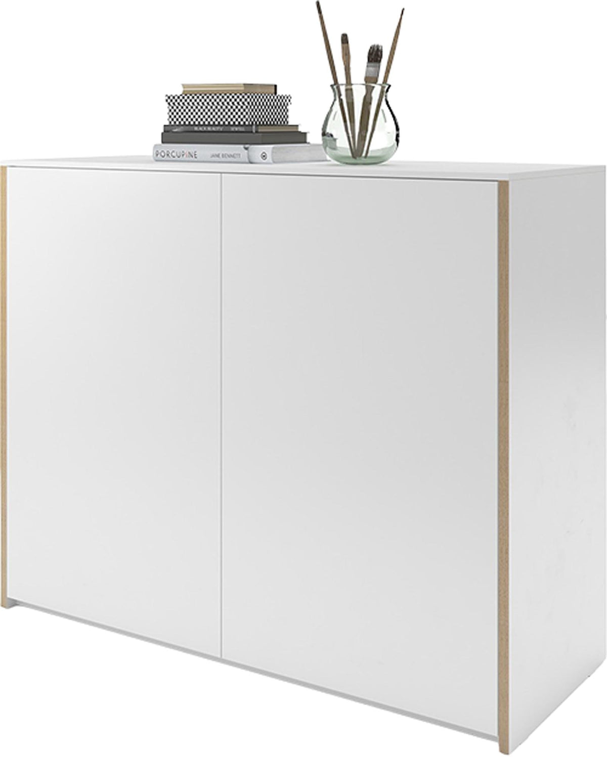 Weisses Sideboard mit Holzkante aus der Serie Modular Plus von Müller Möbelwerkstätten, matt lackierte Oberfläche, klare rechteckige Form.
