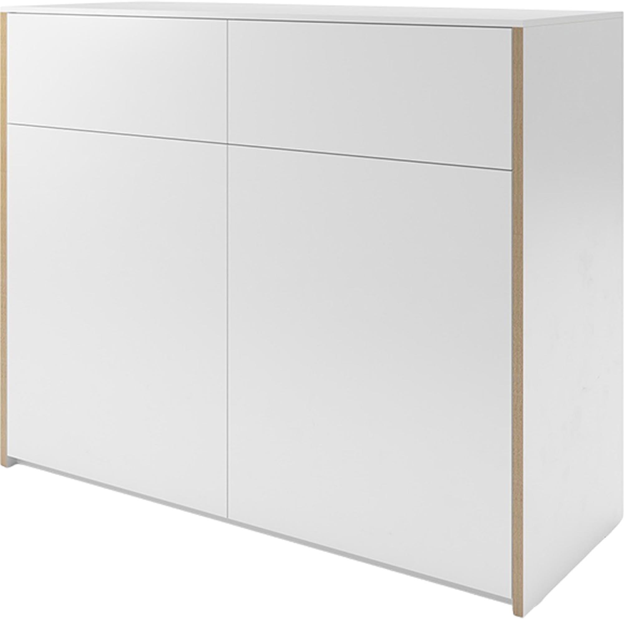 Weisses Sideboard mit sichtbarer Holzkante aus Birkenschichtholz, matt lackiert, klare Linienführung, Modular Plus Serie von Müller Möbelwerkstätten