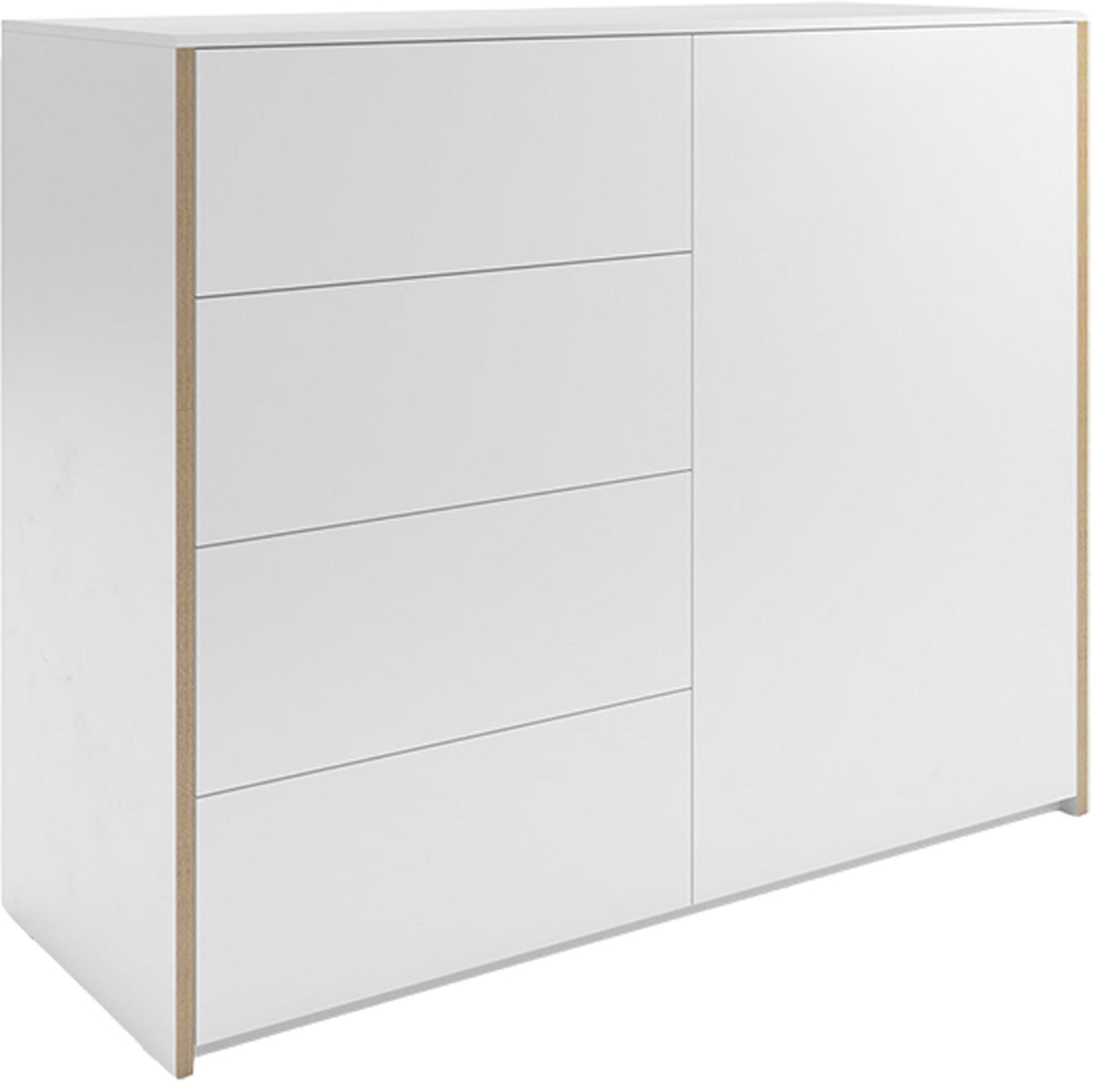 Weisses Sideboard mit Holzkante aus dem Modular Plus System von Müller Möbelwerkstätten, matt lackierte Oberfläche, rechteckige Form.