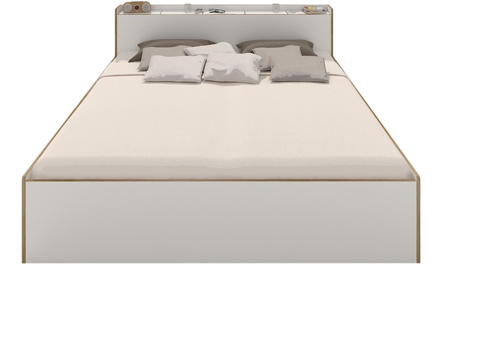 Das NOOK Doppelbett vereint elegantes Design mit Funktionalität: abgerundete Ecken, weisses Birkenschichtholz, praktisches Kopfteil mit Stauraum.