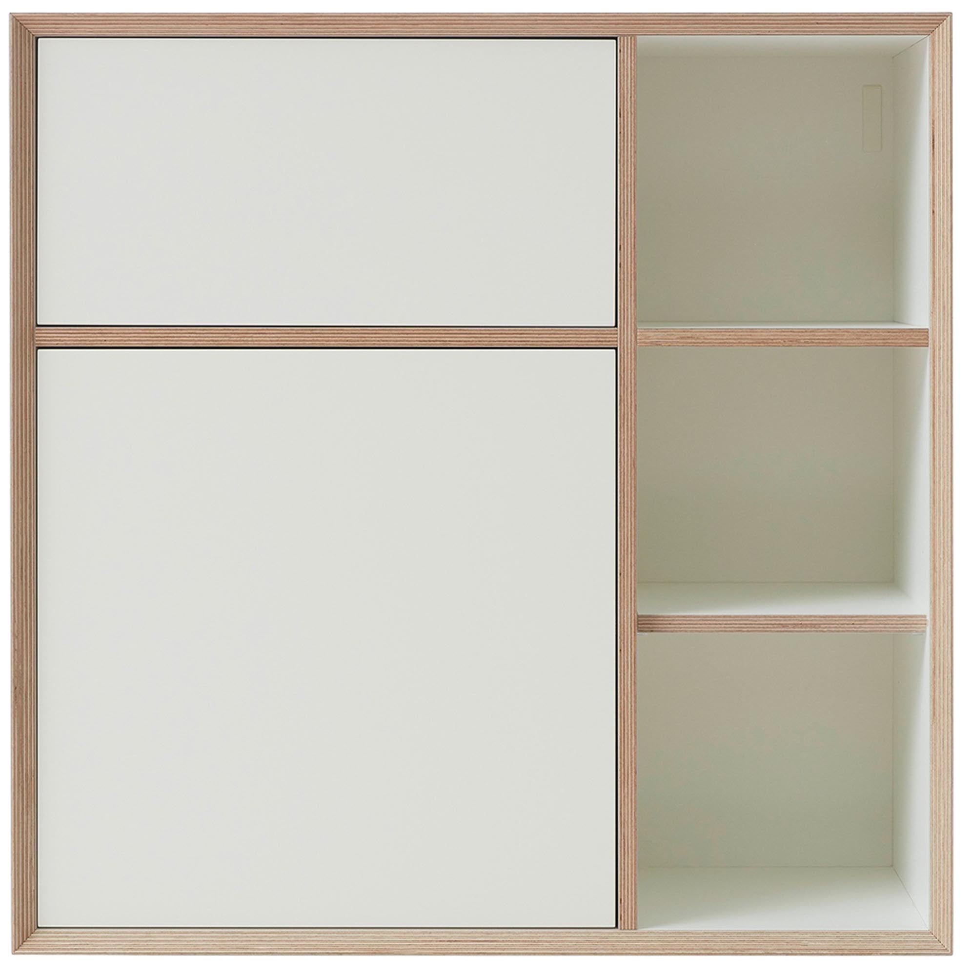 Vielseitiges VERTIKO PLY: Weisses Birkenholz, grifflos, flexibel als Sekretär oder Minibar nutzbar.