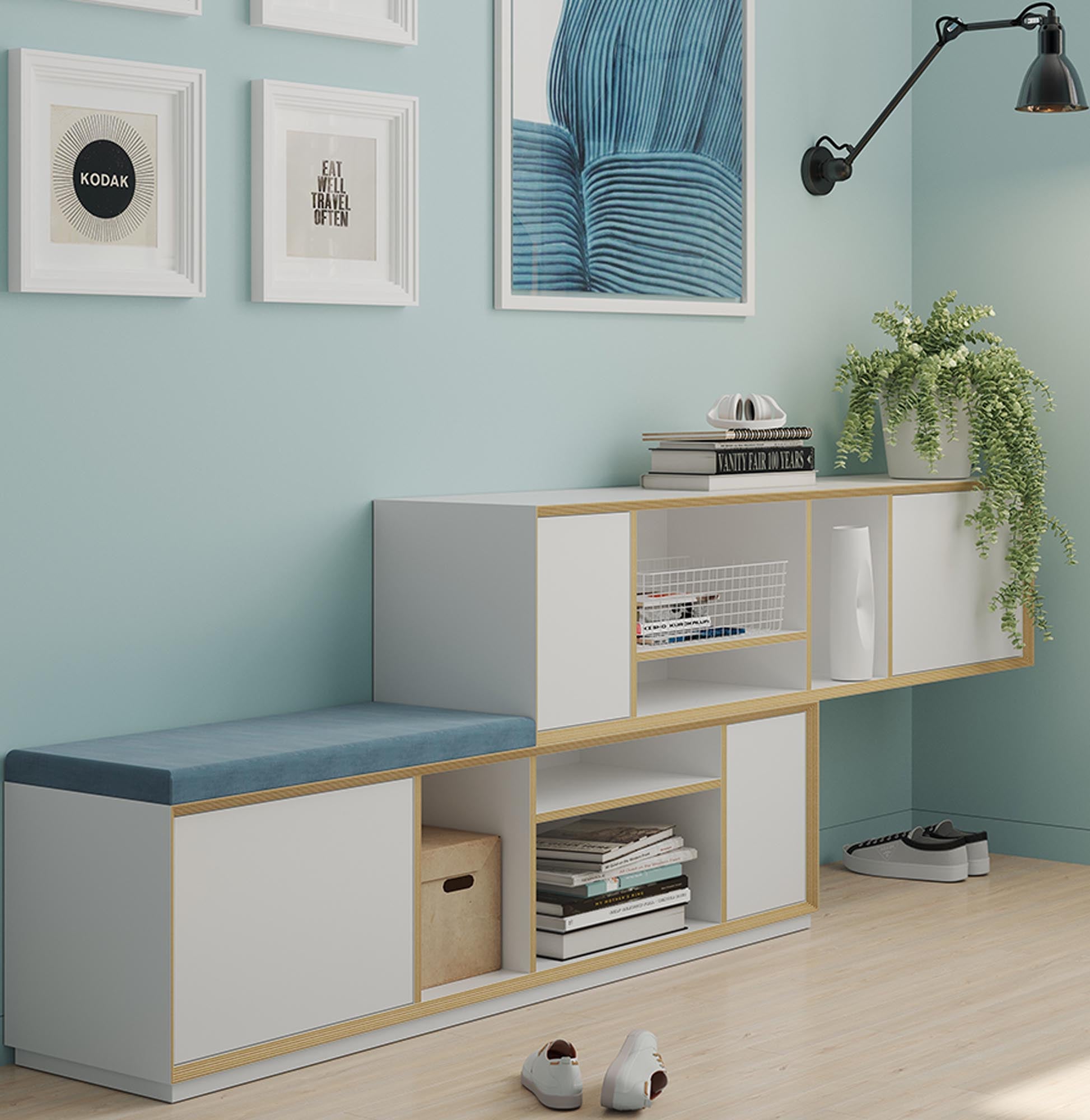 Entdecken Sie das VERTIKO Wide TWO: Ein elegantes Kastenmöbel aus weißem Birkenholz, das flexibel als Sekretär oder Minibar dient und mit grifflosen Türen begeistert.