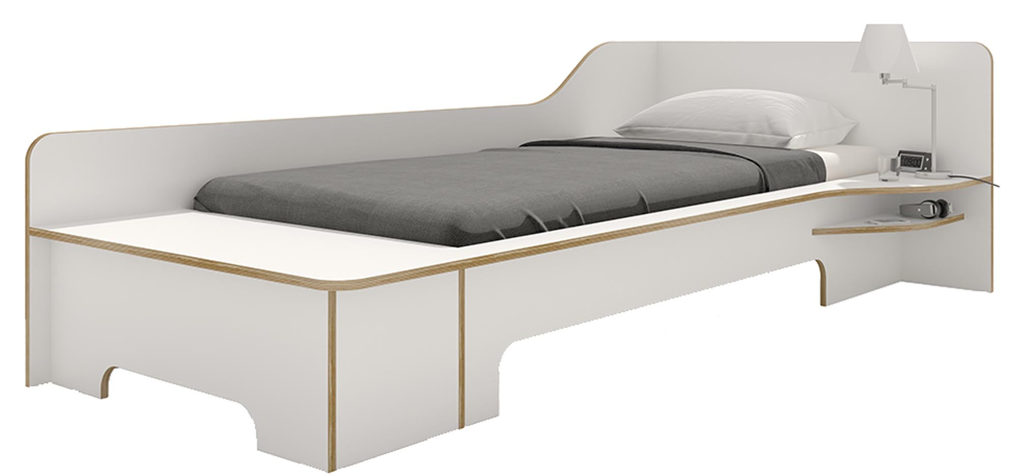 Das PLANE Einzelbett von Müller Möbelwerkstätten besticht durch seine geschwungene Form und praktische Doppelablage. Aus Birkensperrholz gefertigt, bietet es Stauraum im Bettkasten und eine optionale Box am Fussende. Ideal für stilvolle und funktionale Schlafzimmer.