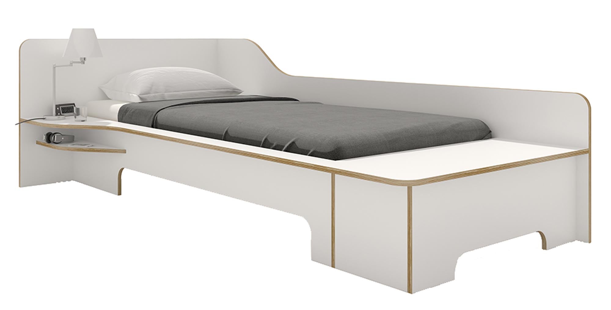 Modernes Einzelbett links mit Bettkasten und festem Lattenrost.