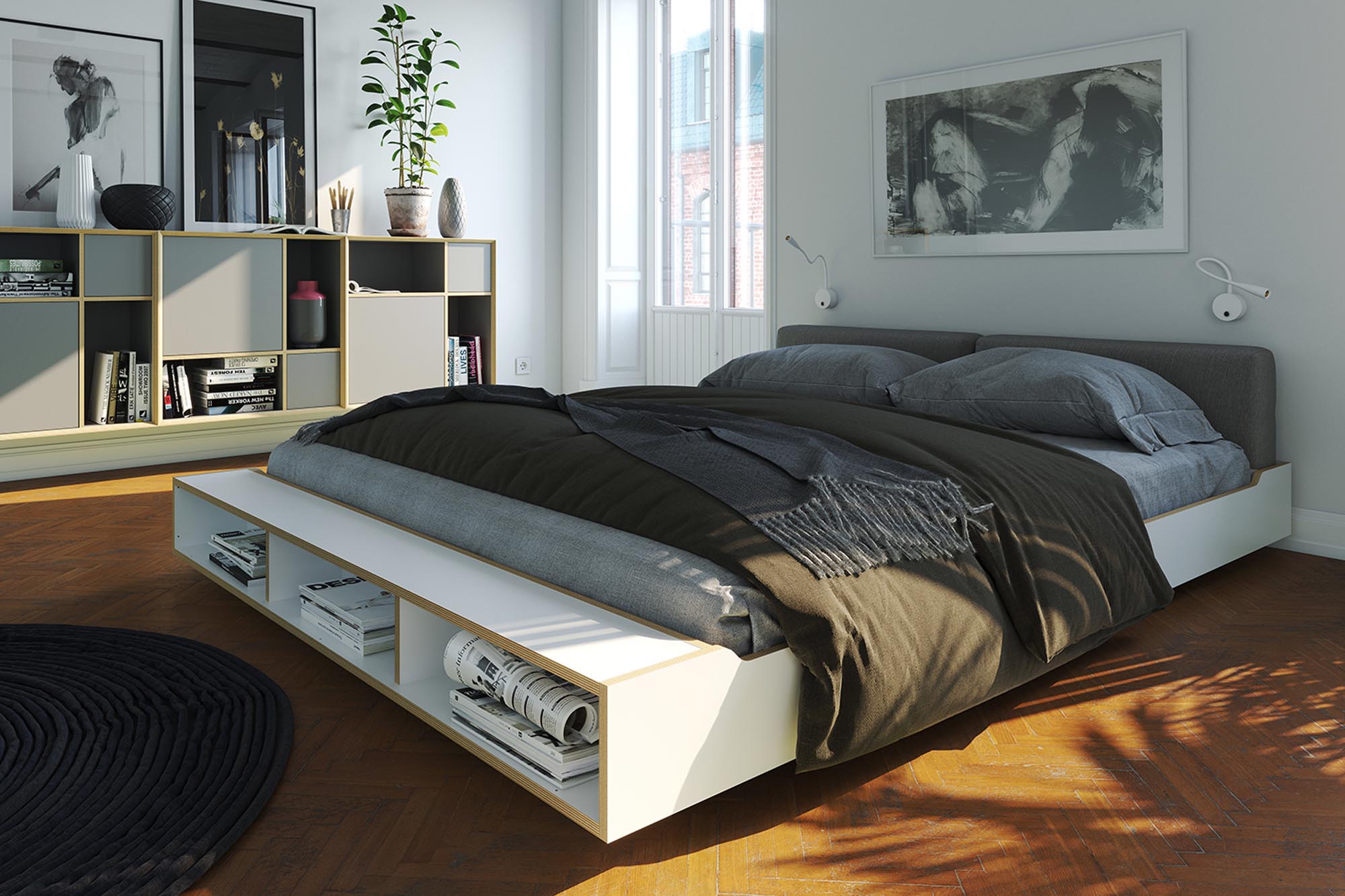 MAUDE Bett: Minimalistisches Design mit langlebigem Lattenrost.