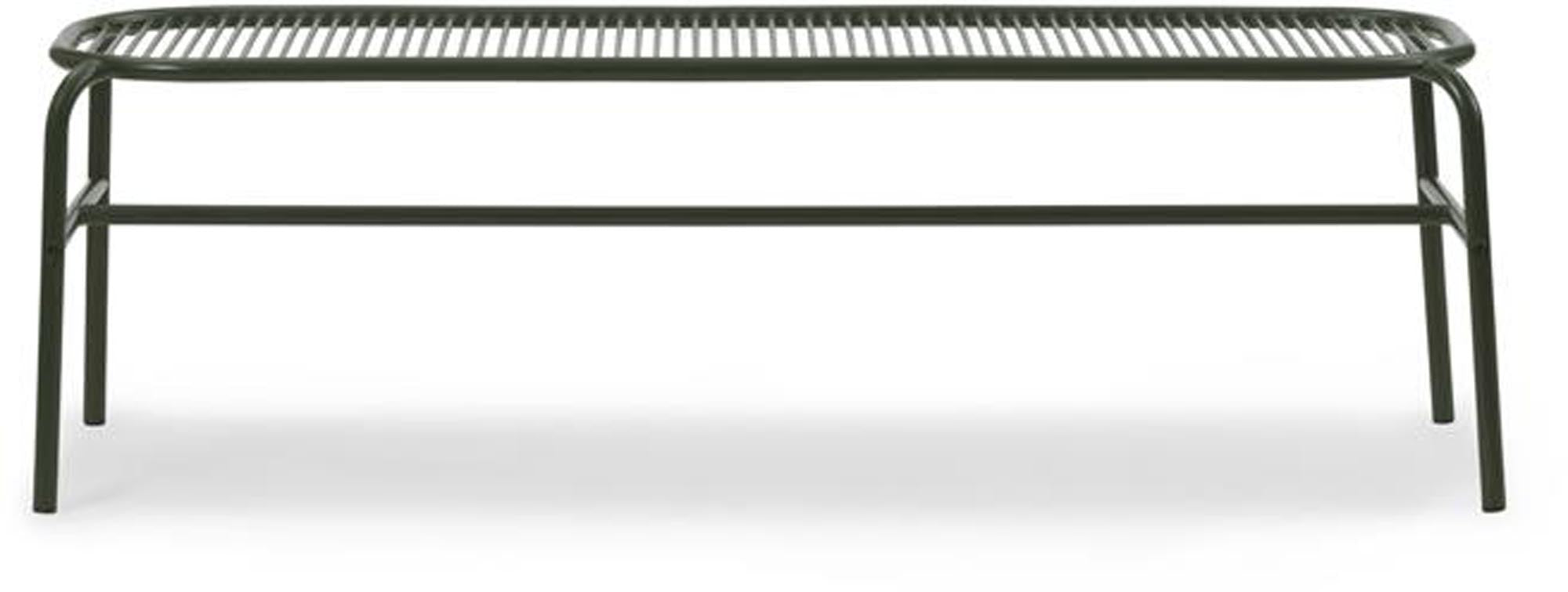 Vig Bank von Normann Copenhagen: Zeitloses Design aus langlebigem Stahl und edlem Holz, ideal für moderne Terrassen und Gärten.