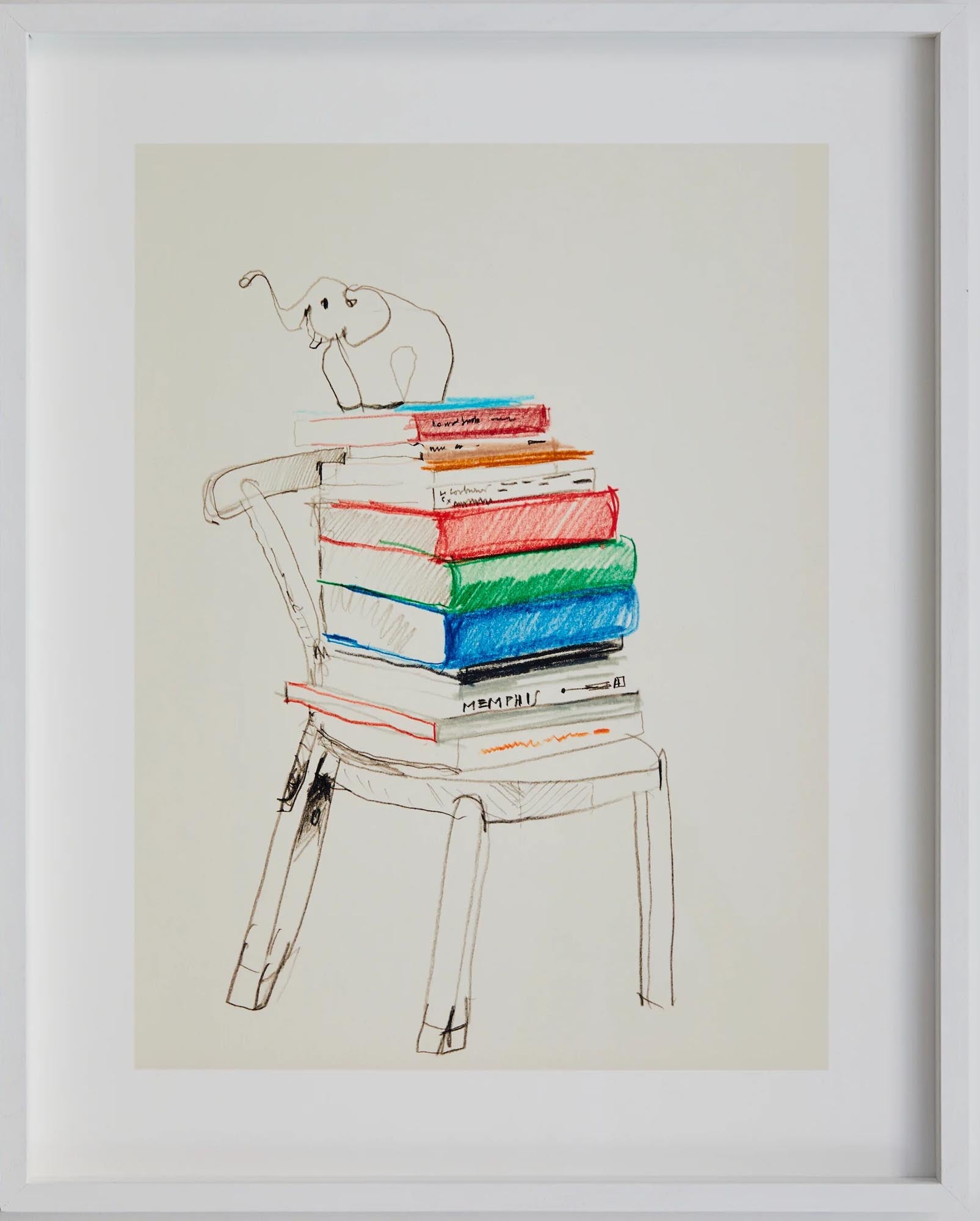 "Studio Life 04 Chair & Books" von Paper Collective: Ein gerahmter Kunstdruck, der Kunst und Design von Alfredo Häberli vereint.