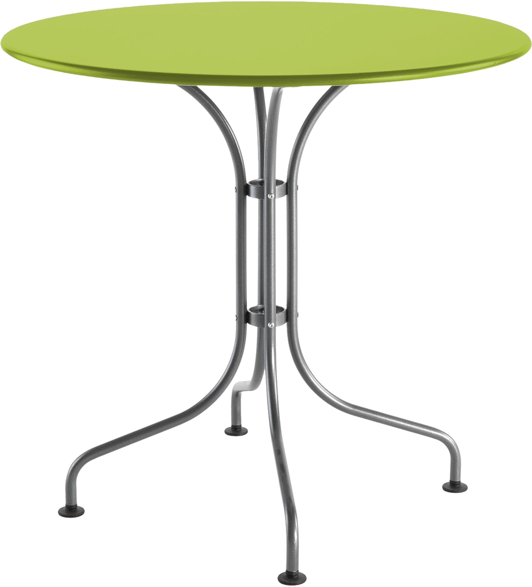 Bildbeschreibung: Robuster, wetterfester St. Moritz Metall-Gartentisch ø90 von Schaffner, ideal für kleine Außenflächen, stilvoll, langlebig und Made in Switzerland.