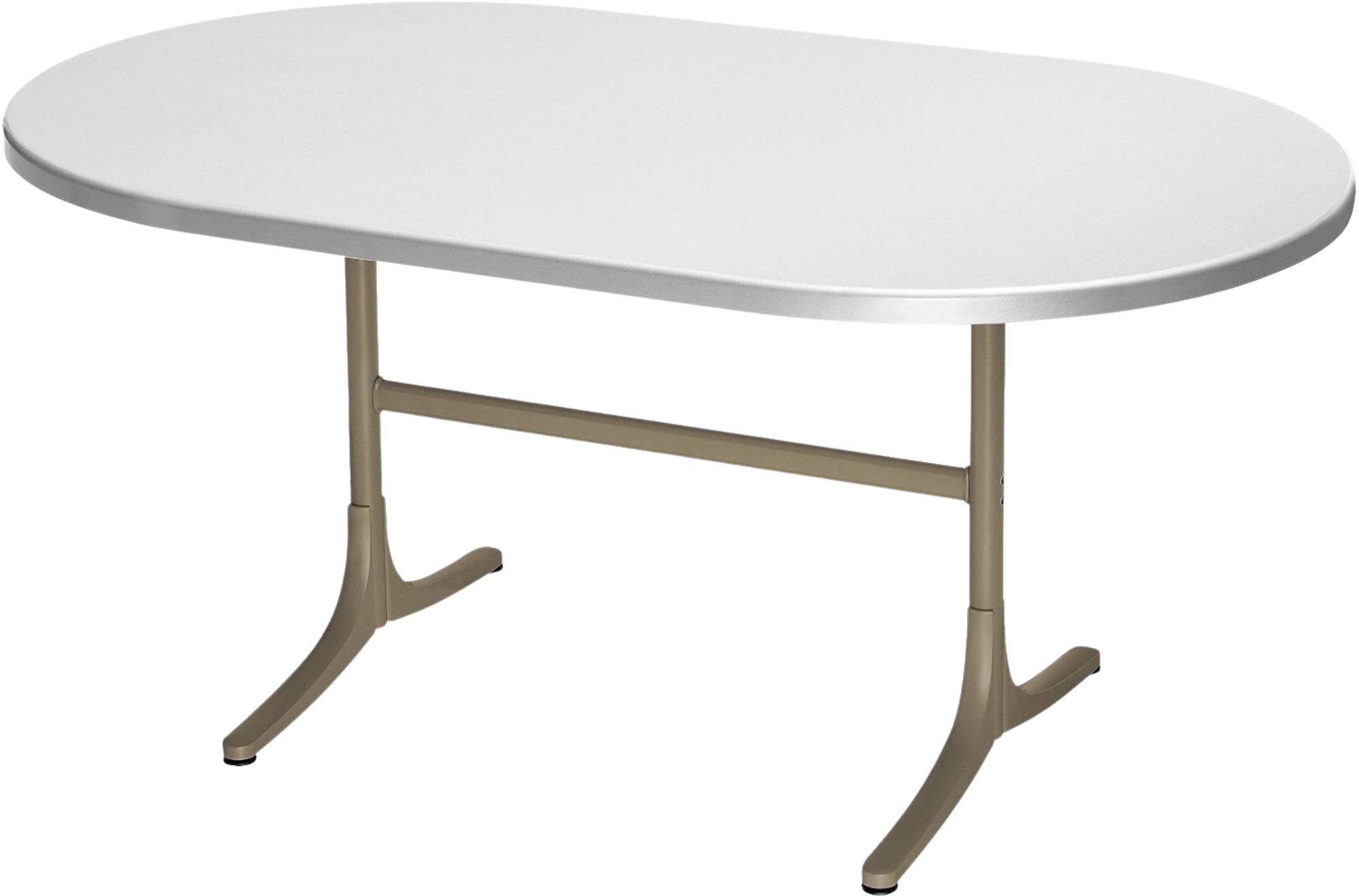 Moderner, ovaler Glasfaser-Gartentisch 160x95 cm, klappbar, wetterfest, robust und pflegeleicht. Schweizer Qualität für elegante Außenmomente.