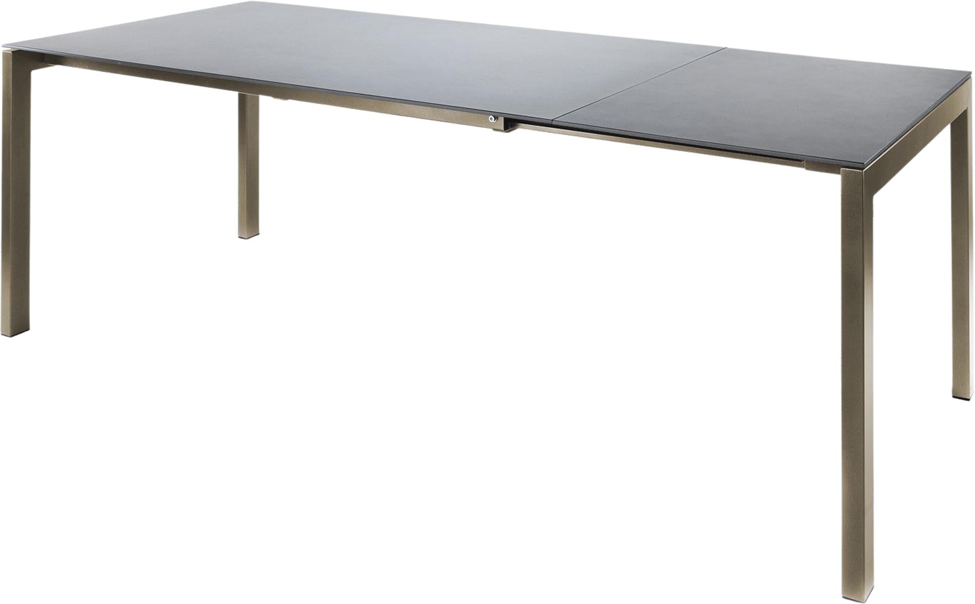 Moderner, ausziehbarer Luzern Glasfaser-Gartentisch 160/220x90 von Schaffner – wetterfest, robust, stilvoll, platzsparend, langlebig, Swiss Made für Garten & Balkon.