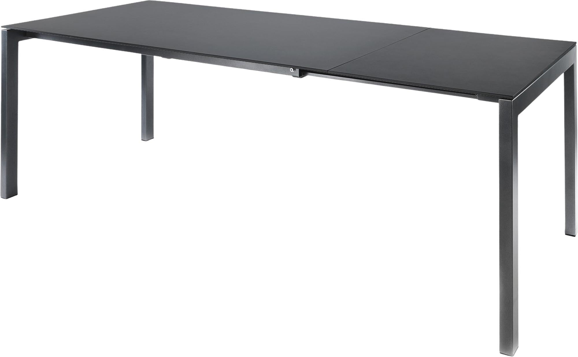 Moderner Luzern Glasfaser-Gartentisch 160/220x100cm, ausziehbar, wetterfest, UV-beständig, langlebig, platzsparend, Schweizer Qualität für Garten & Terrasse.