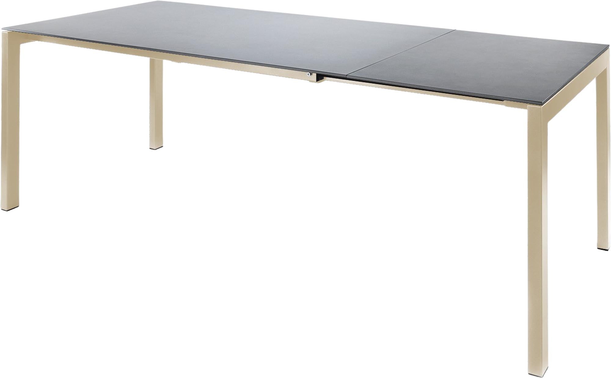 Moderner Luzern Glasfaser-Gartentisch 160/220x100 cm, ausziehbar und platzsparend, wetterfest, UV-beständig, langlebig, Schweizer Qualität, ideal für Garten & Terrasse.