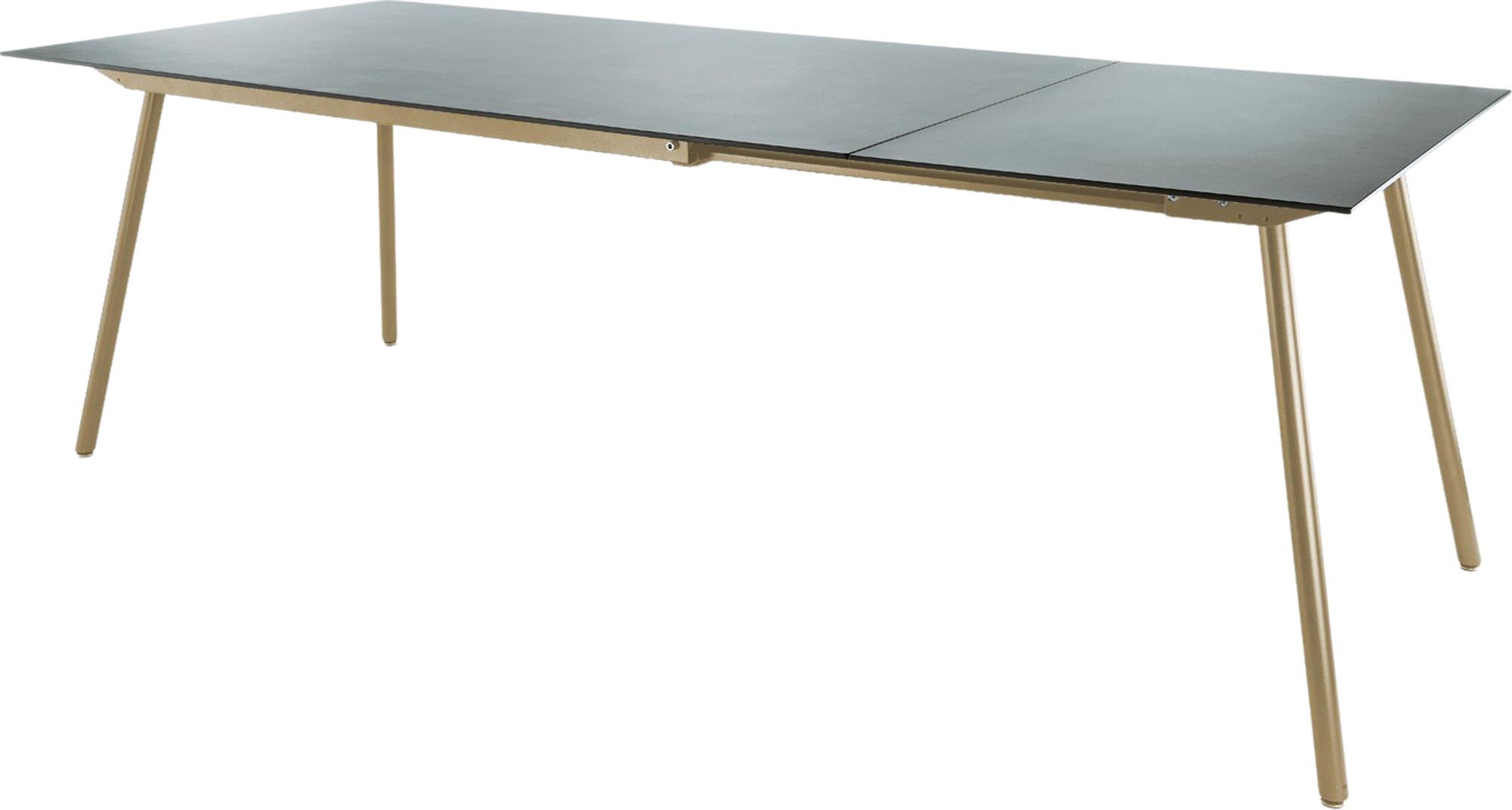 Eleganter, ausziehbarer Gartentisch aus Glasfaser in den Maßen 160/220x90 cm, ideal für stilvolle Outdoor-Bereiche, robust und wetterfest.