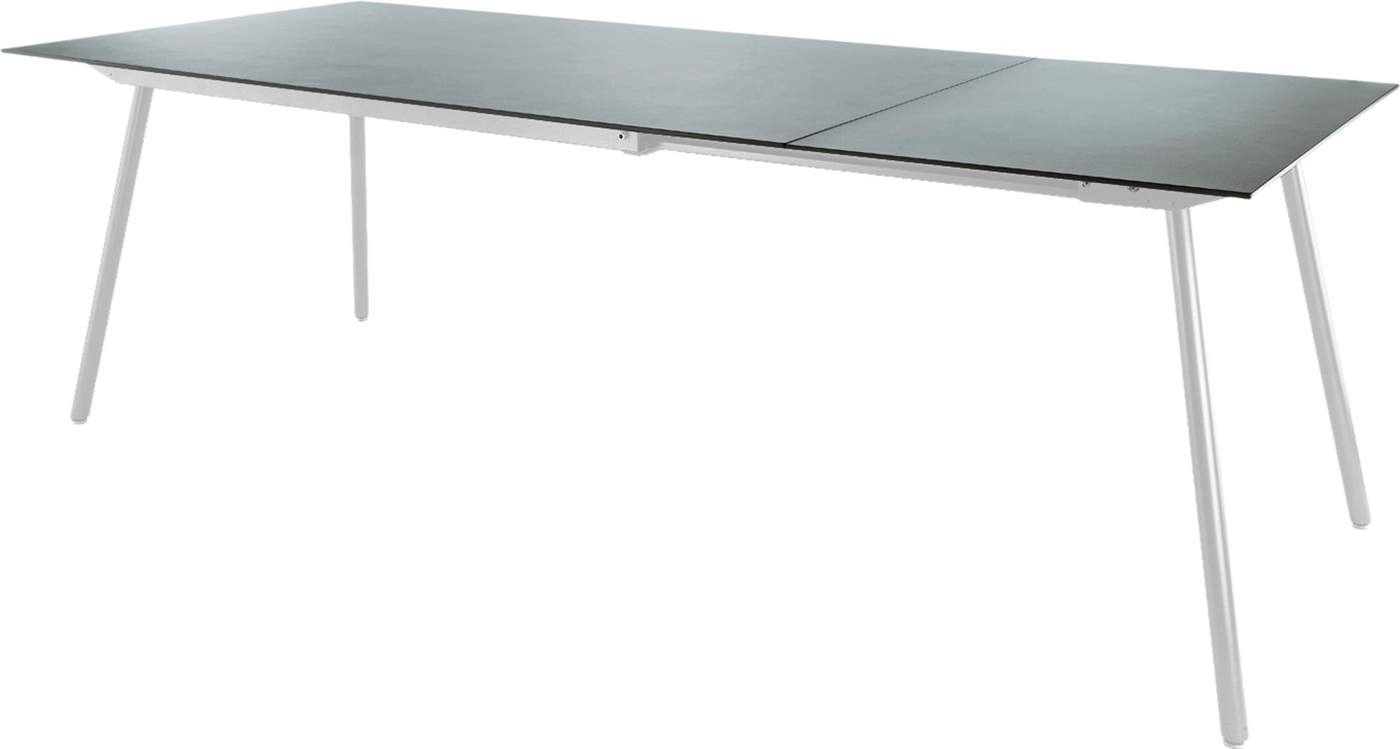 Moderner Gartentisch aus Glasfaser, ausziehbar von 160 auf 220 cm, ideal für stilvolle Outdoor-Bereiche, robust und pflegeleicht.