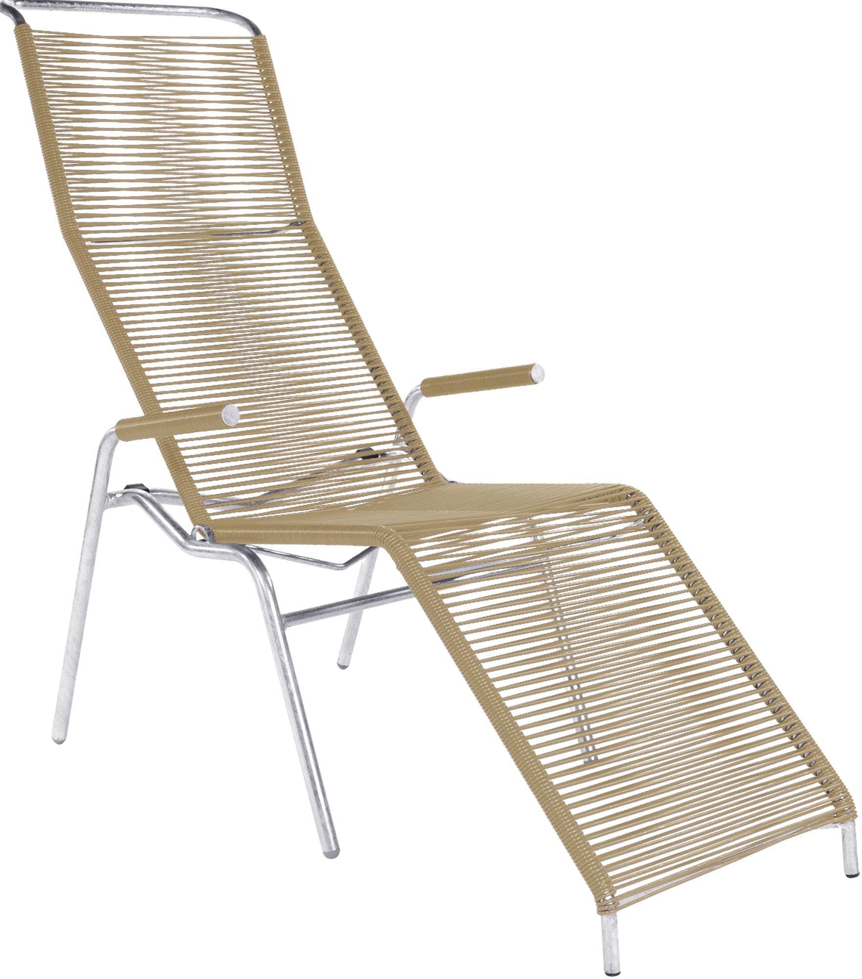 Eleganter Säntis Spaghetti Liegestuhl von Schaffner, wetterfest, robust und bequem. Ideal für Garten, Balkon oder Terrasse. Made in Switzerland.