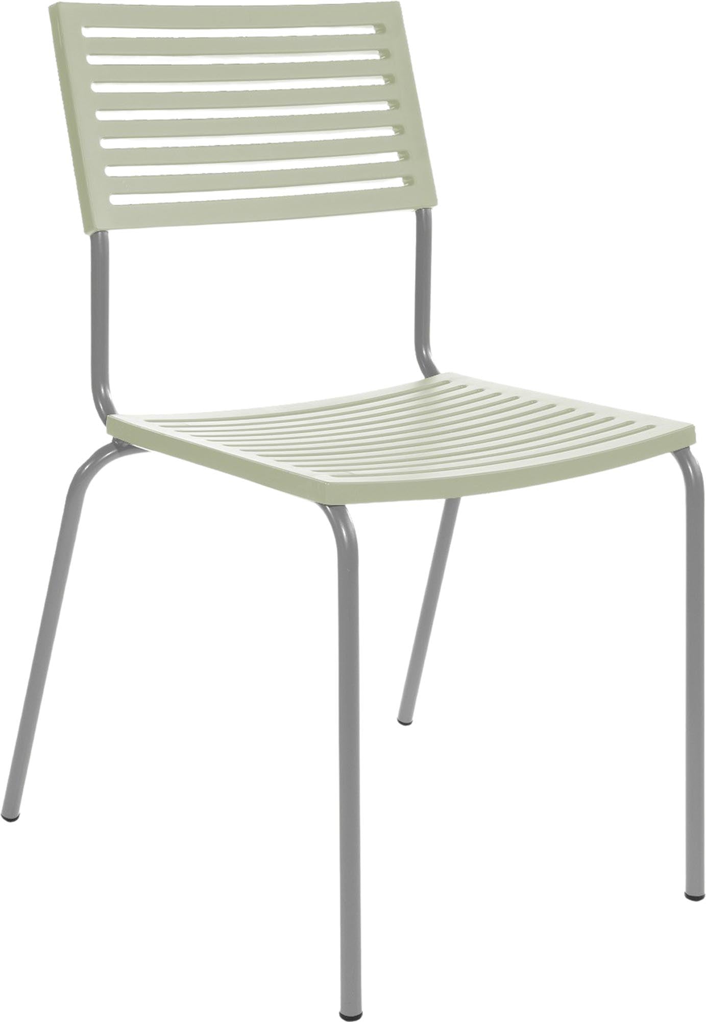 Bodensee Lamello-Gartenstuhl ohne Armlehne in Pastellgrün / Alusilber präsentiert im Onlineshop von KAQTU Design AG. Gartenstuhl ist von Schaffner