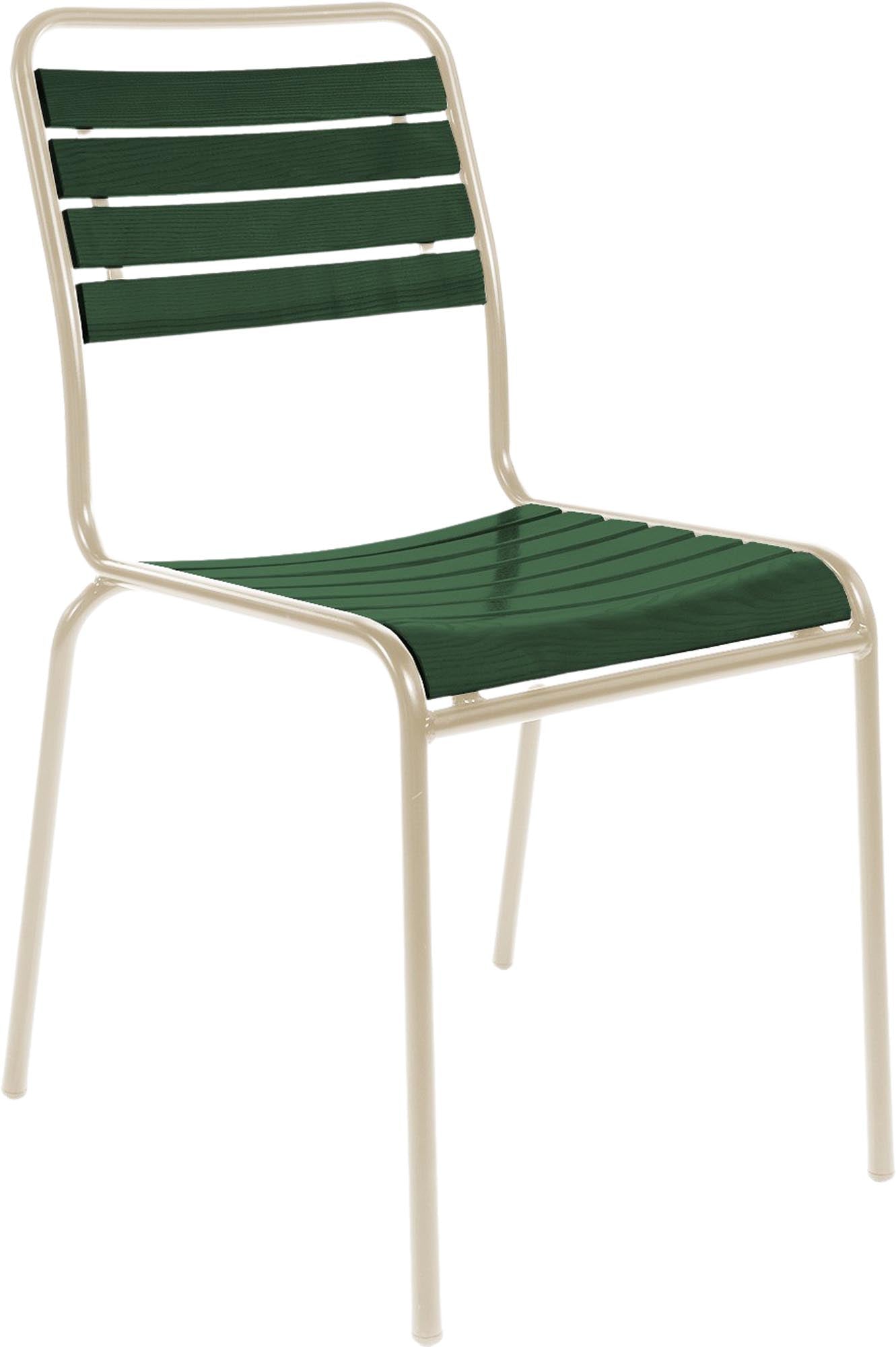 Rigi Holzlatten-Gartenstuhl ohne Armlehne in Tannengrün / Pastellsand präsentiert im Onlineshop von KAQTU Design AG. Gartenstuhl ist von Schaffner