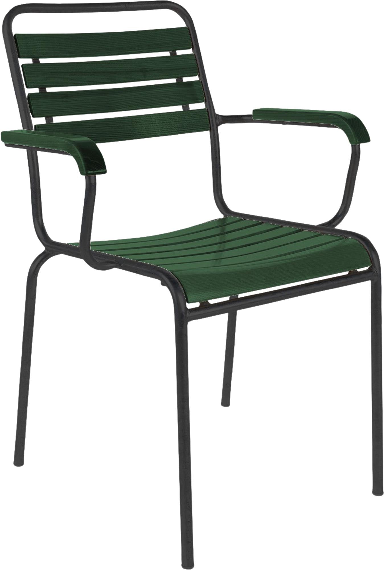 Stilvoller Holzlattenstuhl Rigi mit Armlehne, gefertigt in der Schweiz.