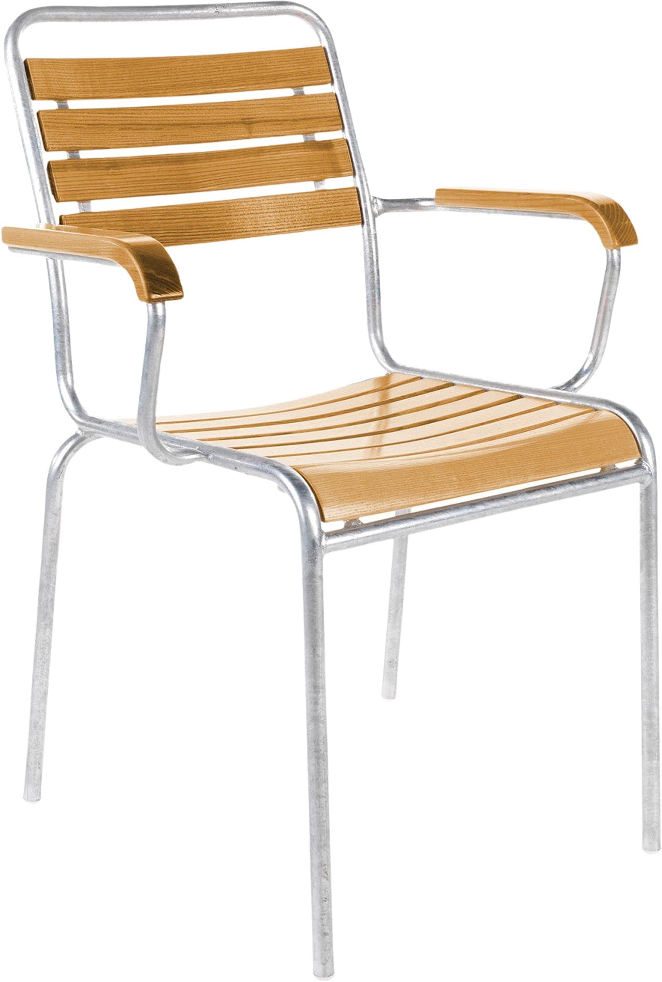 Eleganter Holzlattenstuhl Rigi mit praktischen Armlehnen, hochwertig in der Schweiz hergestellt. Ideal für Garten und Terrasse.