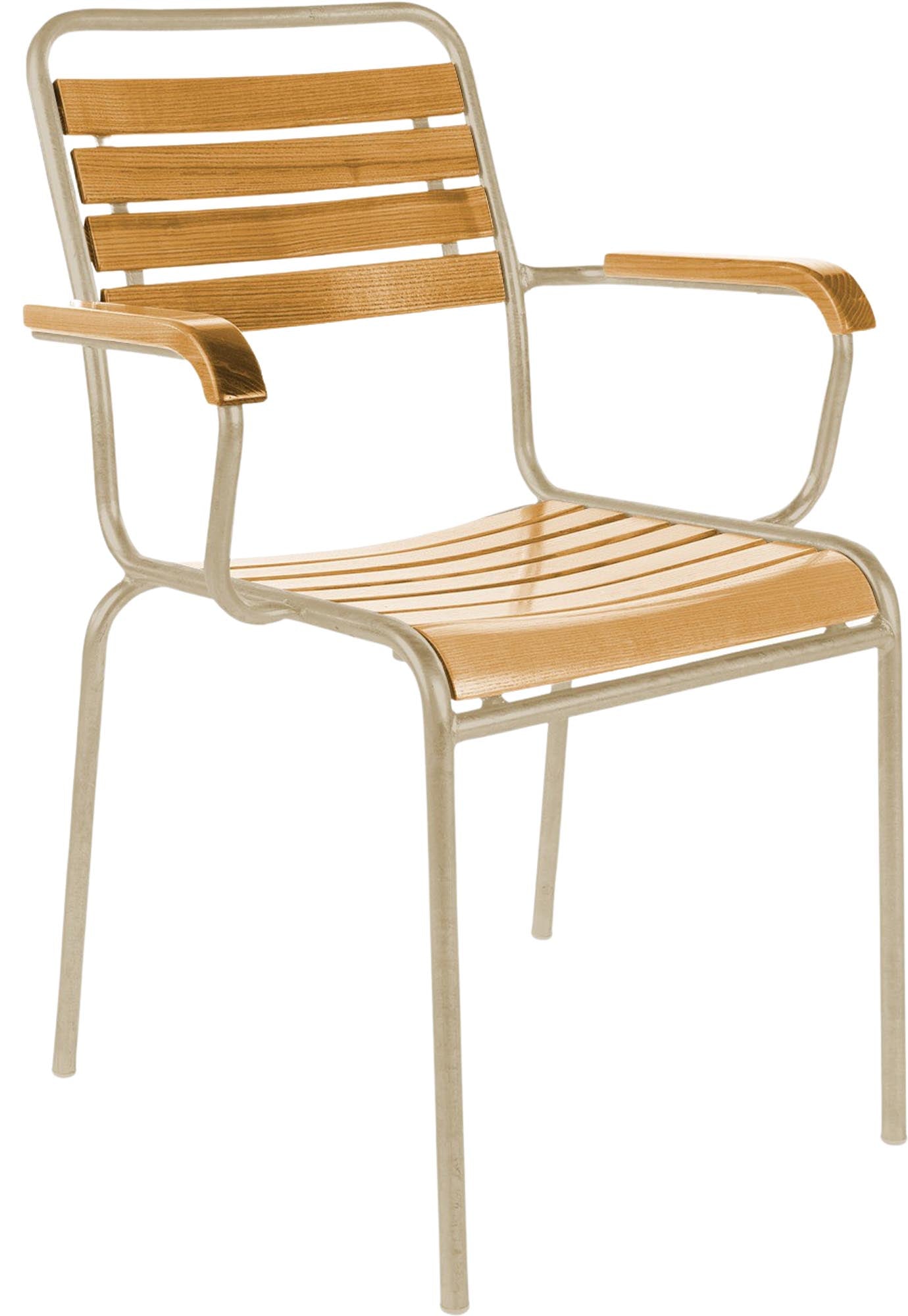 Retro Holzlattenstuhl Rigi mit Armlehne, aus Thurgauer Esche, einzigartig und langlebig – ideal für deinen Garten.