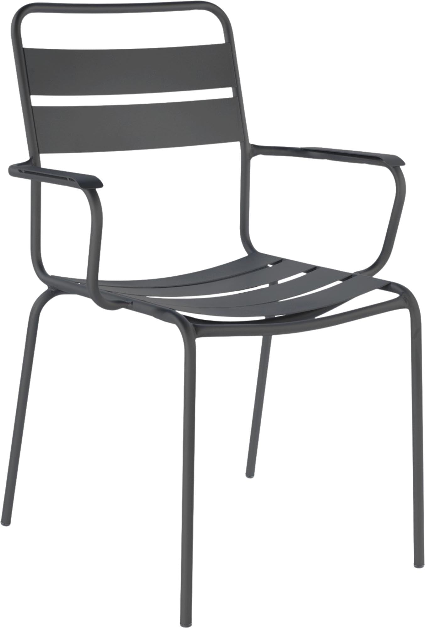 Glarus Ganzmetall-Gartenstuhl mit Armlehne aus verzinktem Stahl, wetterfest, UV-beständig, langlebig, elegantes Design, Swiss Made, perfekt für Garten und Gastronomie.