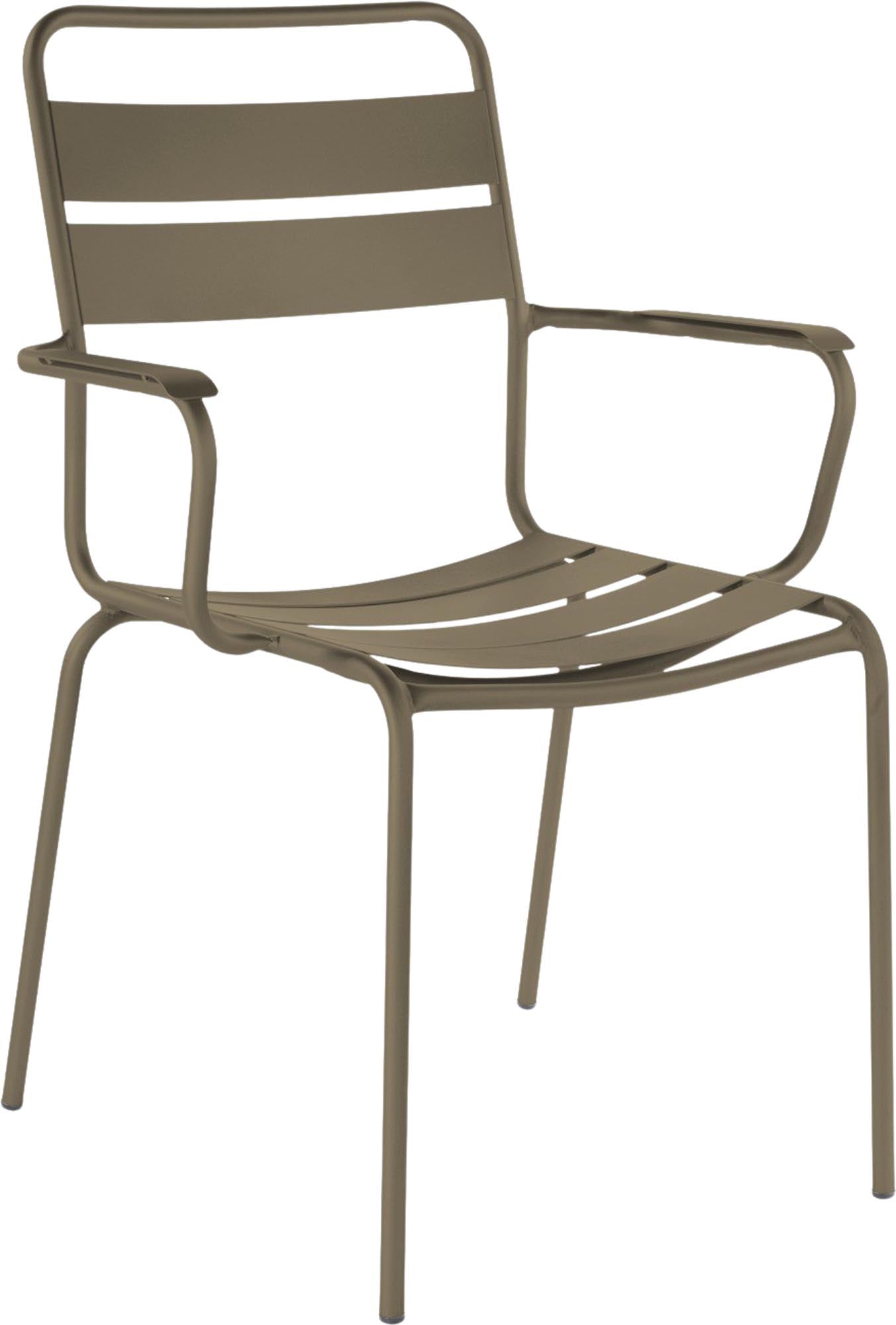 Robuster Glarus Ganzmetall-Gartenstuhl mit Armlehne aus verzinktem Stahl, wetterfest, UV-beständig, langlebig, Swiss Made, elegantes Design, pflegeleicht für Garten, Terrasse und Gastronomie.